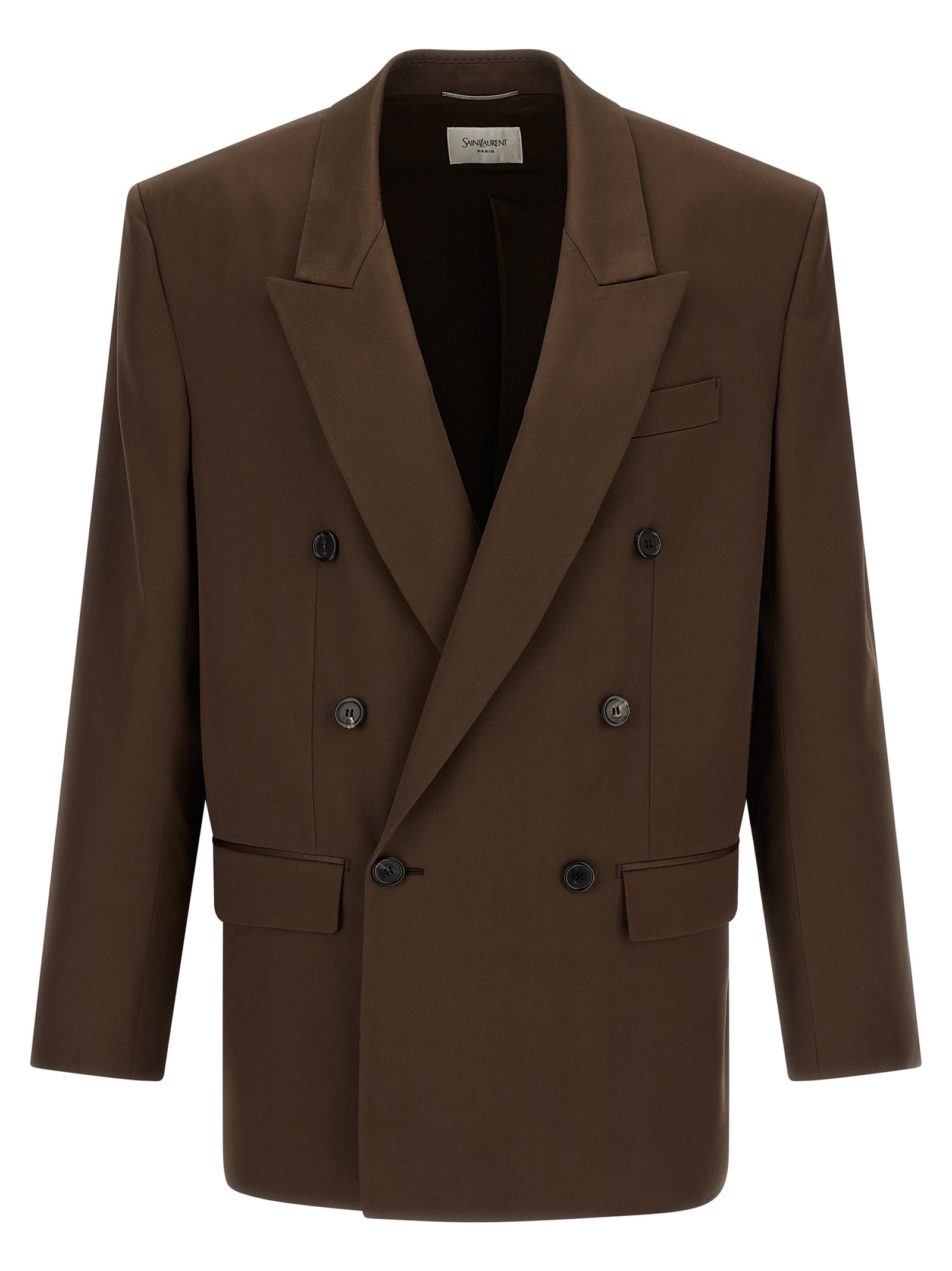 Blazer en soie marron de Saint Laurent, veste élégante pour femmes, avec coupe ajustée et détails sophistiqués.