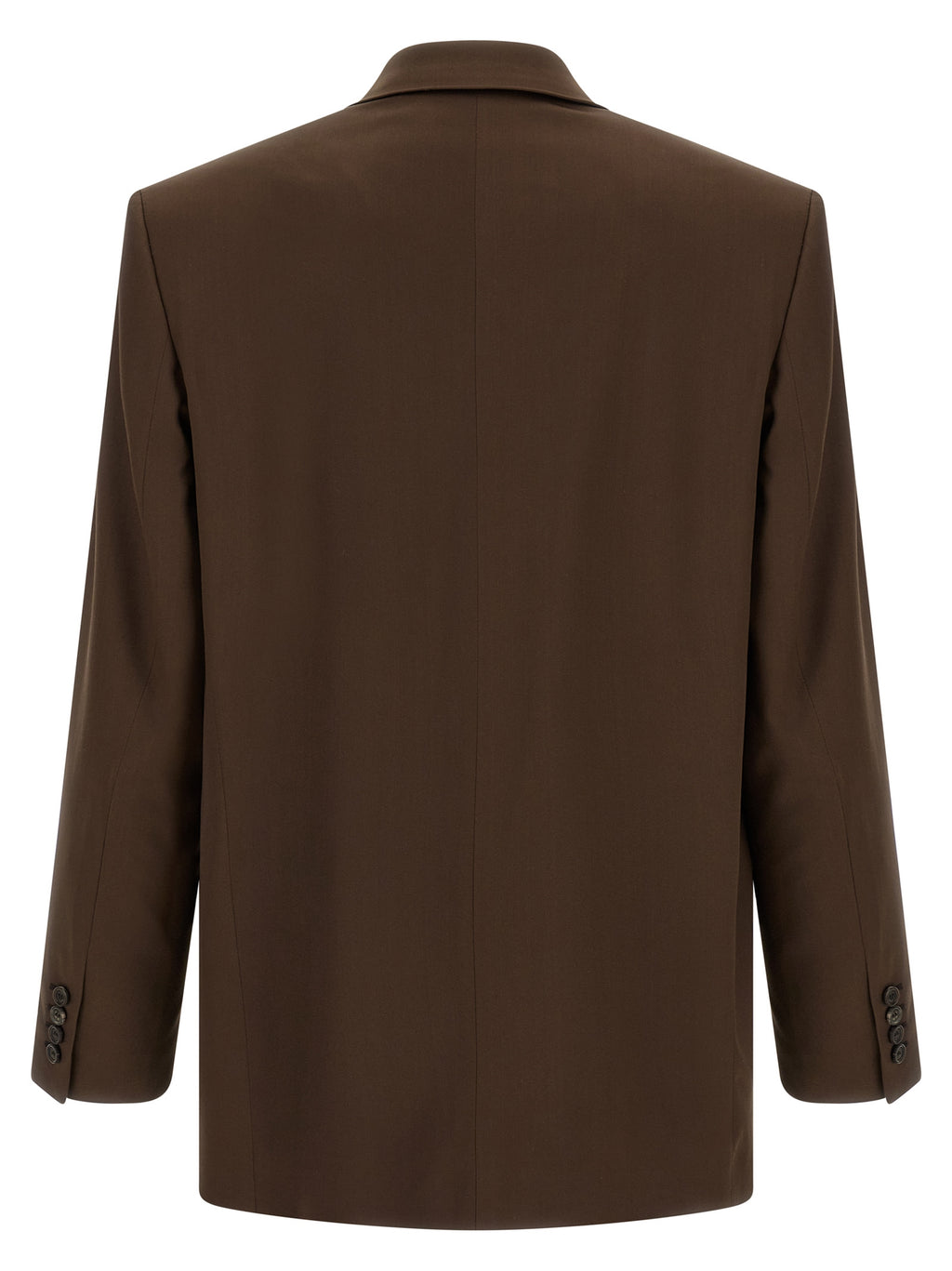 Blazer en soie marron Saint Laurent, coupe élégante, porté sur un mannequin avec détails de couture visibles.