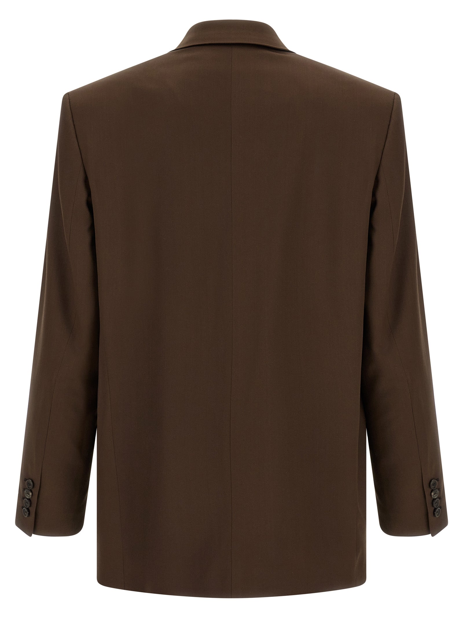 Blazer en soie marron Saint Laurent, coupe élégante, porté sur un mannequin avec détails de couture visibles.