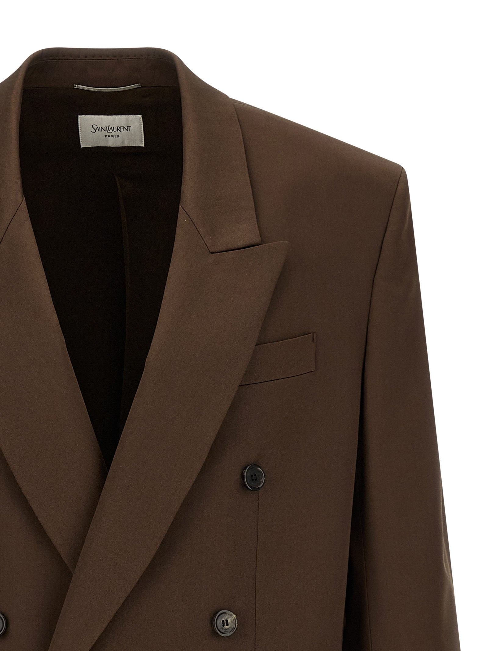 Blazer en soie marron de Saint Laurent, veste élégante et sophistiquée pour homme ou femme, vue de face.
