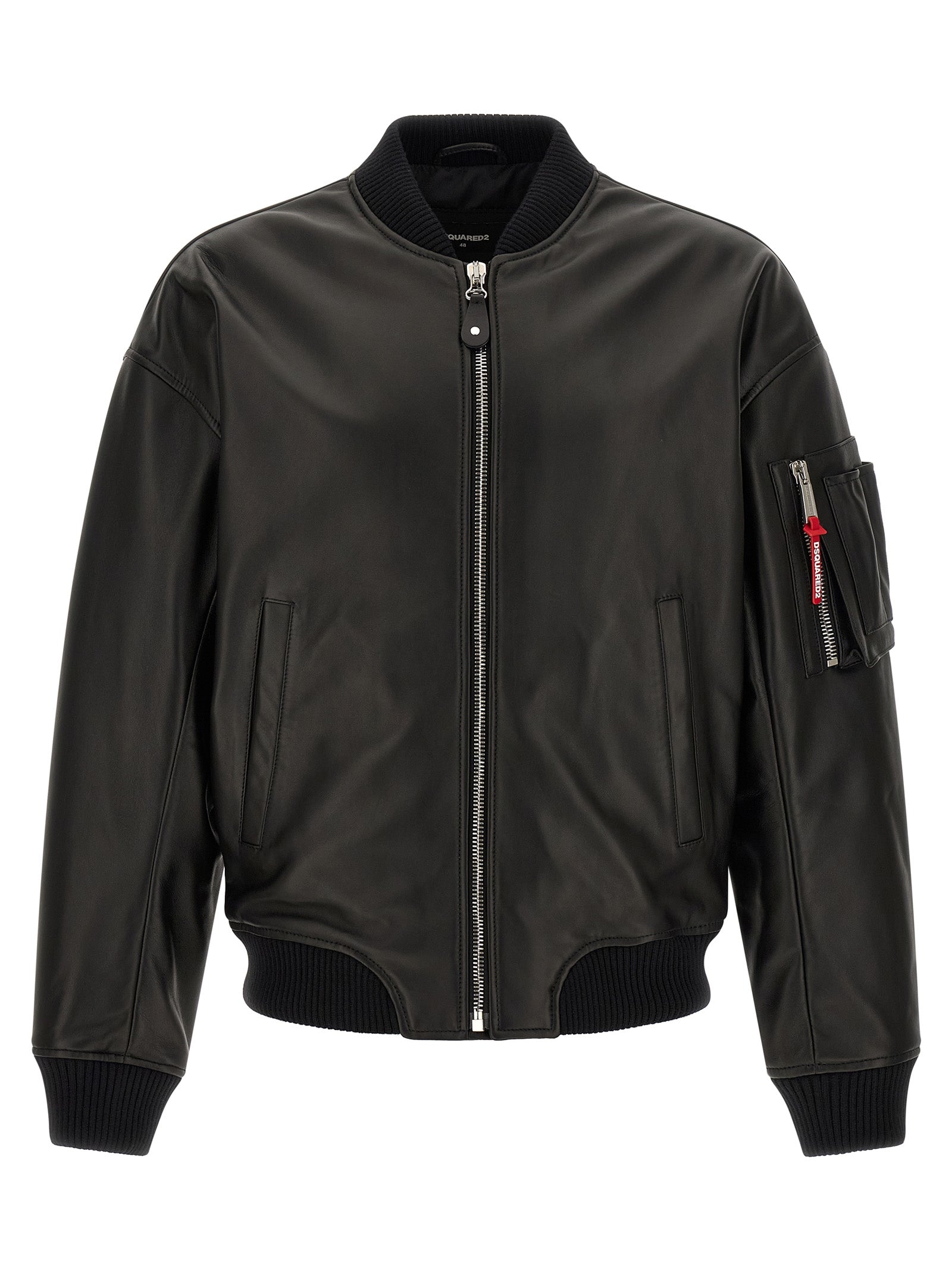 Veste en cuir noire Dsquared² pour homme, avec détails en cuir et coupe ajustée, visible sur l'image.