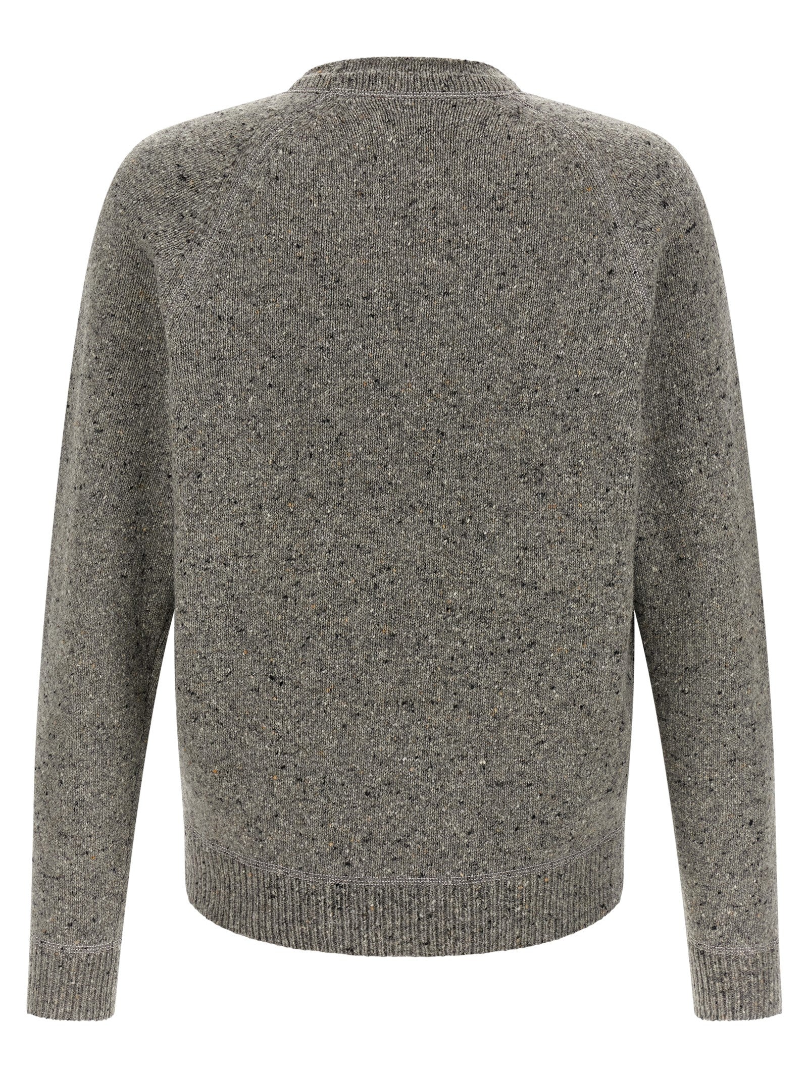 Cardigan en laine gris de Dsquared² porté par un mannequin, détails de texture et coupe élégante visible.