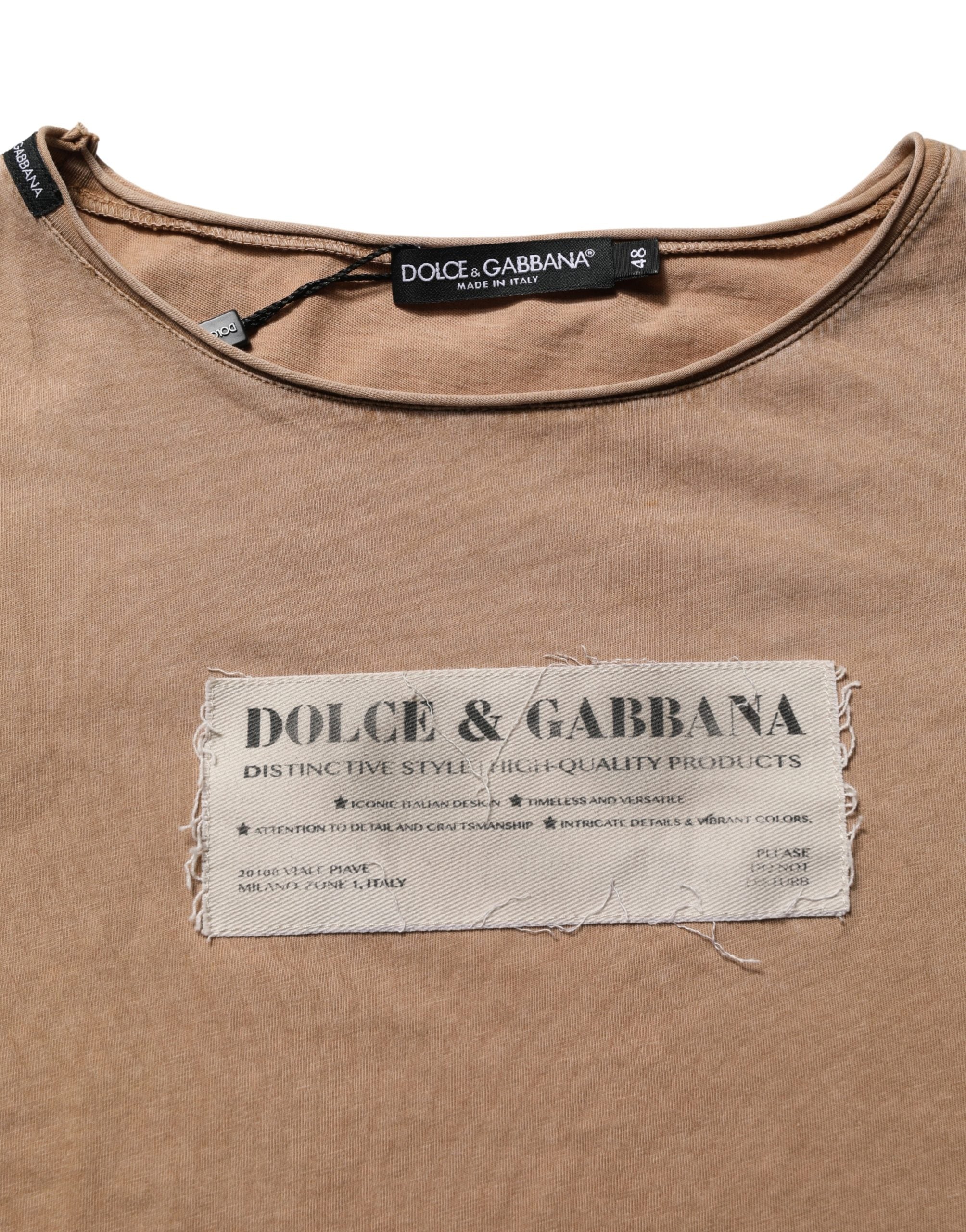 T-shirt rond en coton marron Dolce & Gabbana avec logo patch, col rond et style décontracté.