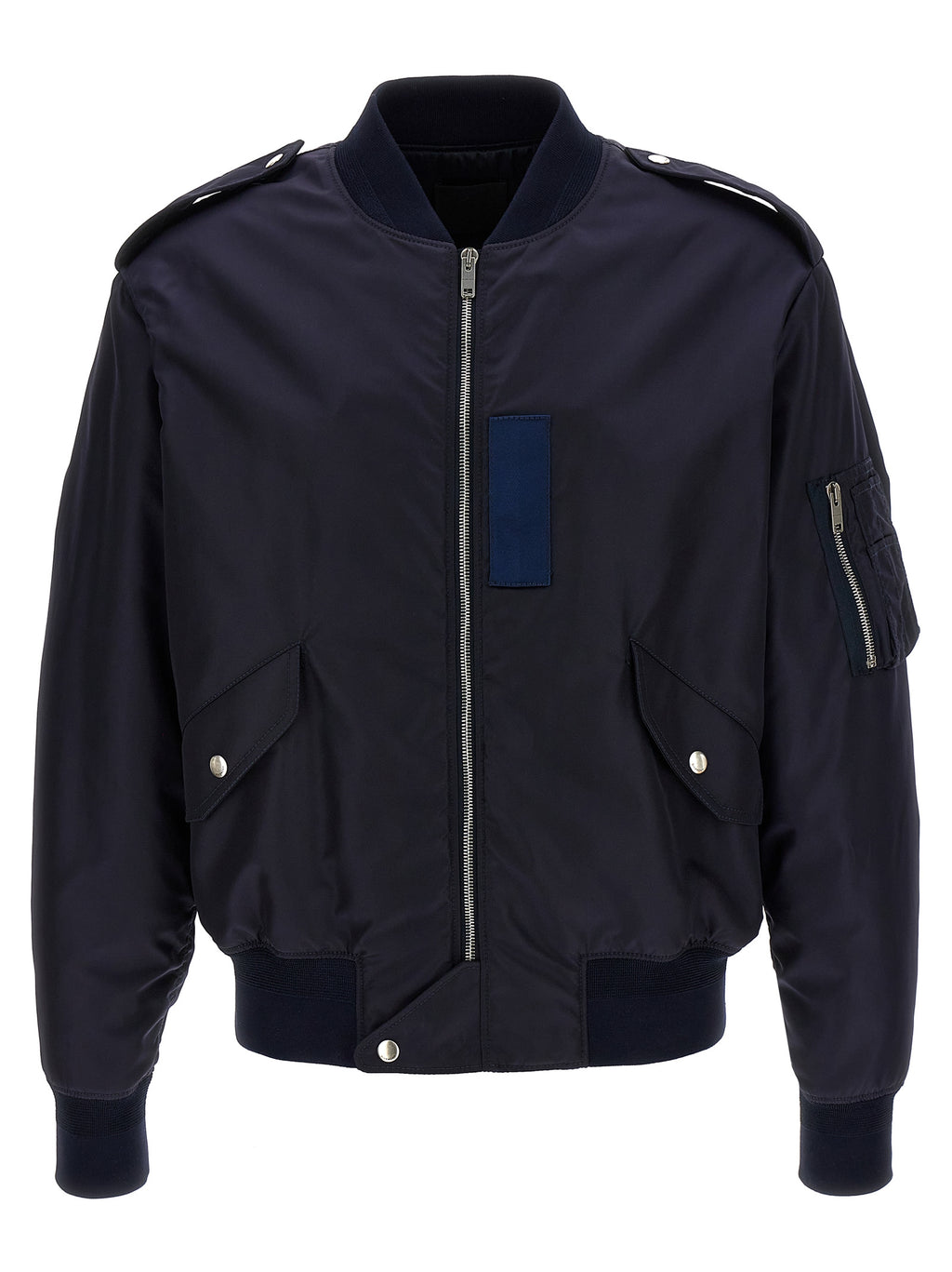 Veste bomber bleue en polyamide de Givenchy, coupe classique avec fermeture éclair et col ras du cou, vue de face.