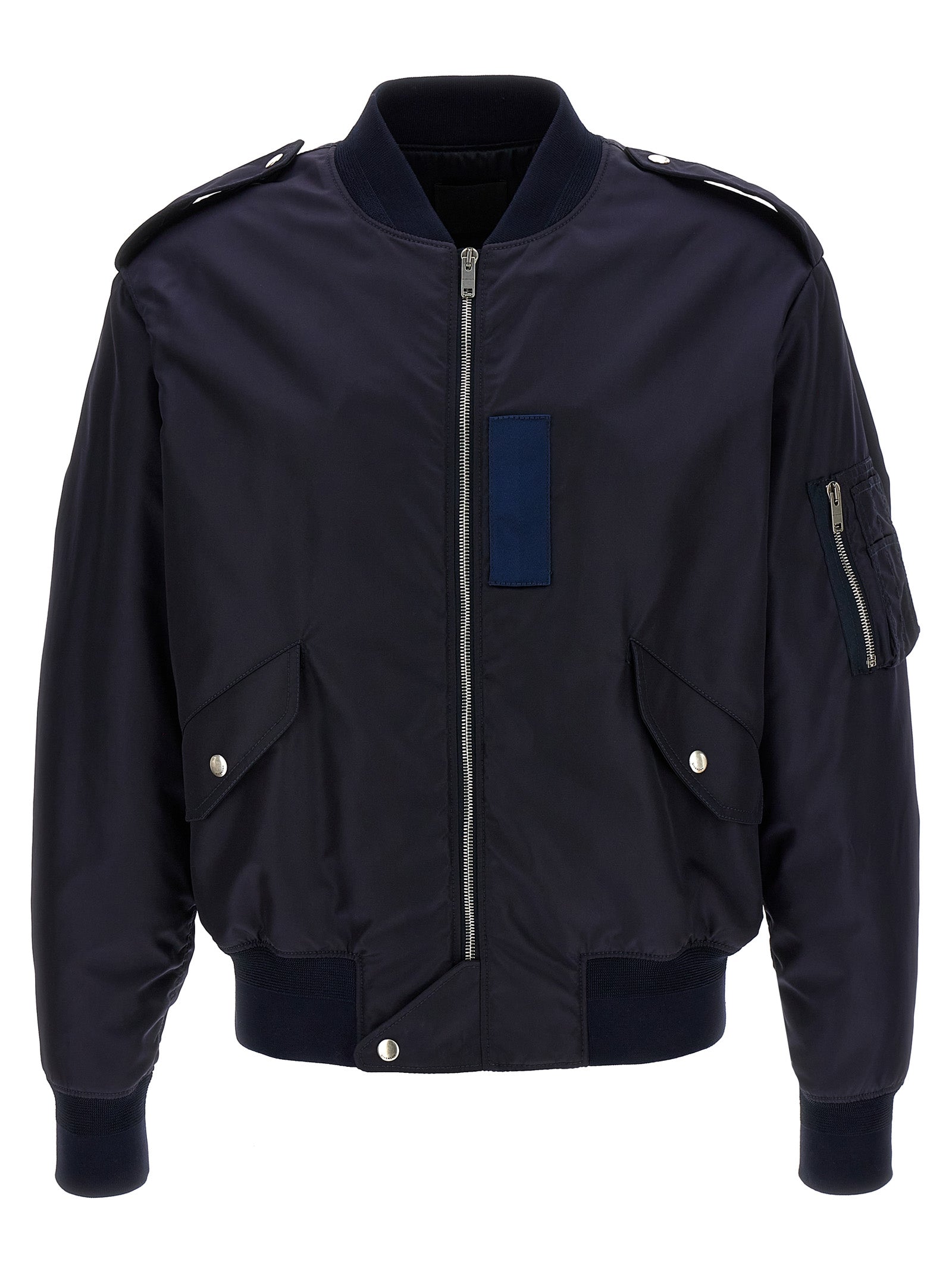 Veste bomber bleue en polyamide de Givenchy, coupe classique avec fermeture éclair et col ras du cou, vue de face.