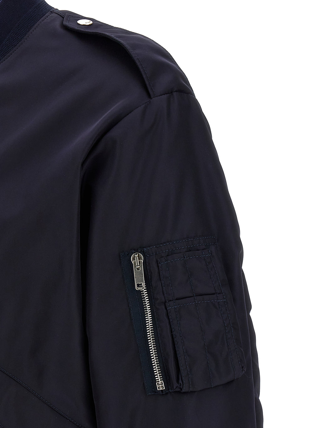 Veste bomber Givenchy en polyamide bleue, avec fermeture éclair et détails modernes, vue de face.