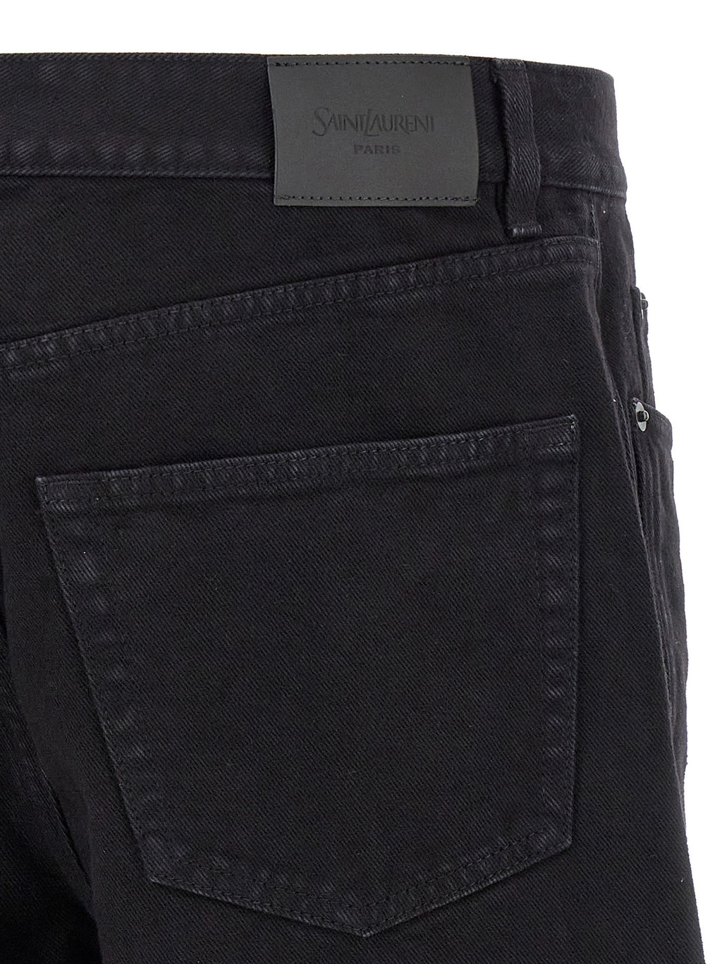 Jeans droits en coton noir Saint Laurent, coupe droite, détails élégants, vue de face sur le produit.