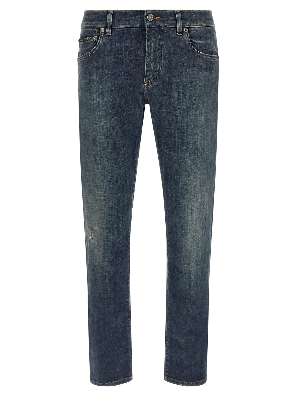 Jeans droits en coton bleu de Dolce & Gabbana, style classique, visible détail de la coupe droite et de la texture du tissu.
