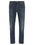 Jeans droits en coton bleu de Dolce & Gabbana, style classique, visible détail de la coupe droite et de la texture du tissu.