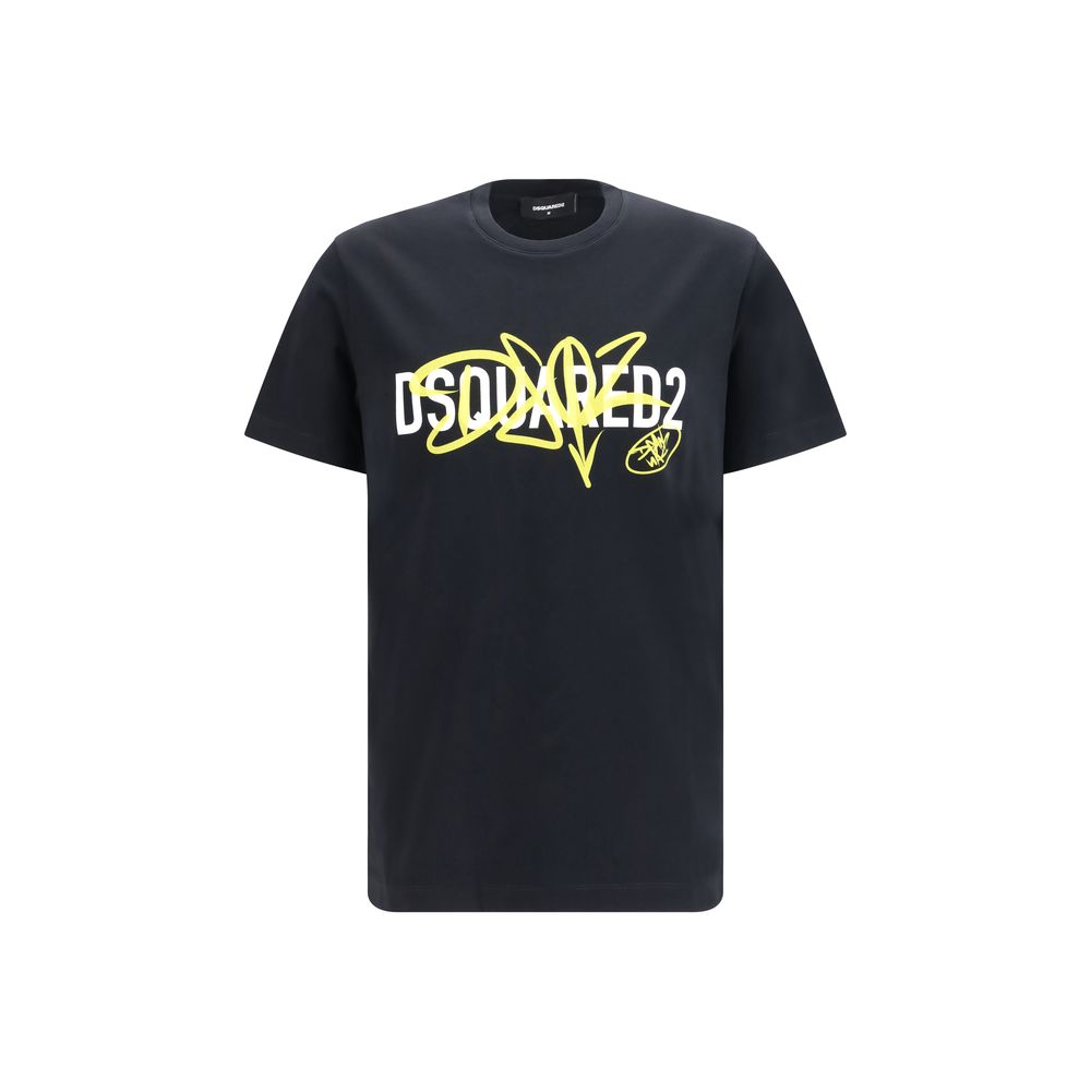 T-shirt en coton noir Dsquared² avec logo en relief, porté sur mannequin, vue de face.