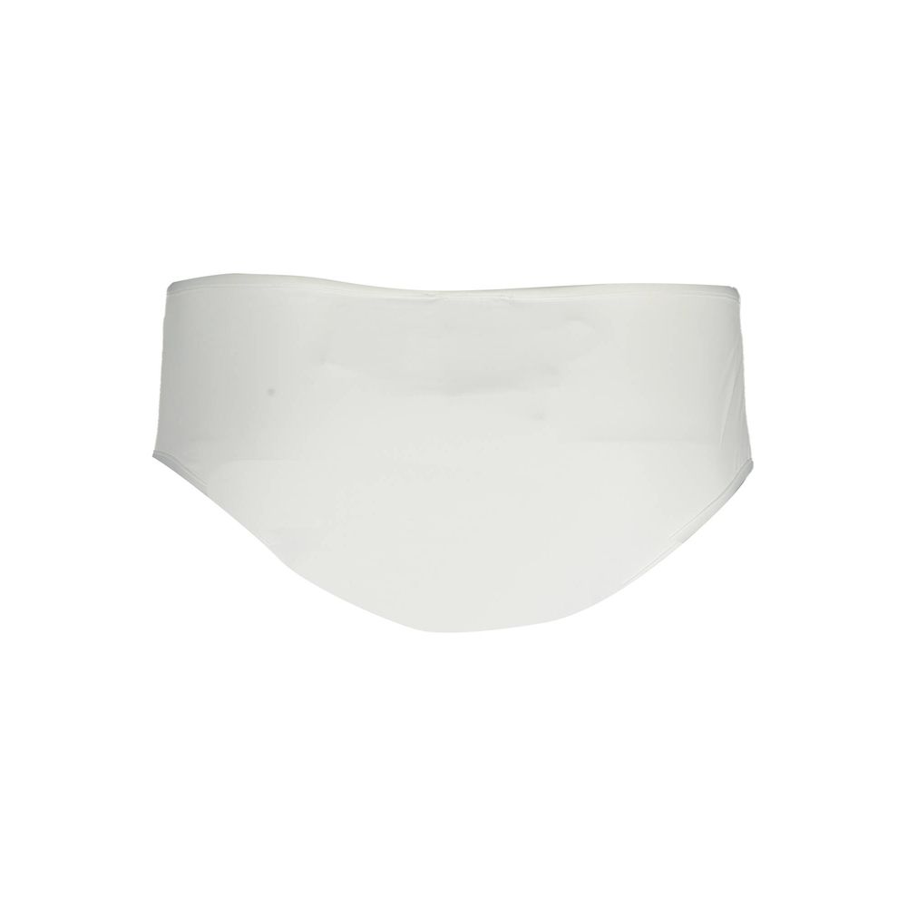 Maillot de bain femme Karl Lagerfeld blanc en polyamide, coupe taille basse avec logo sur le devant, pour la plage ou la piscine.