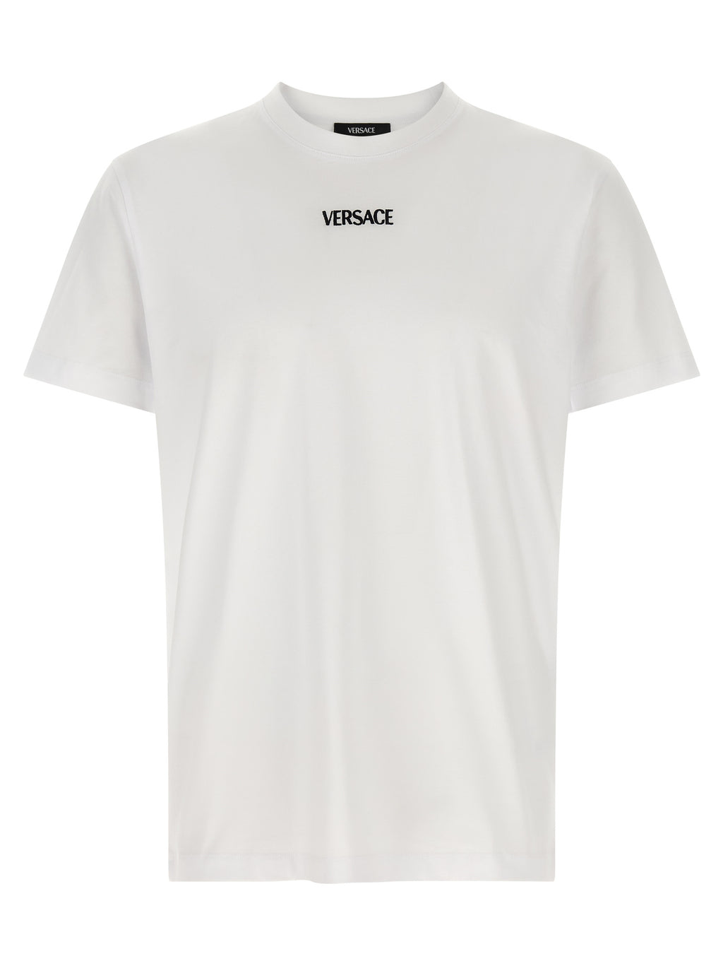 T-shirt blanc en coton de la marque Versace, coupe classique et logo emblématique visible sur le devant.