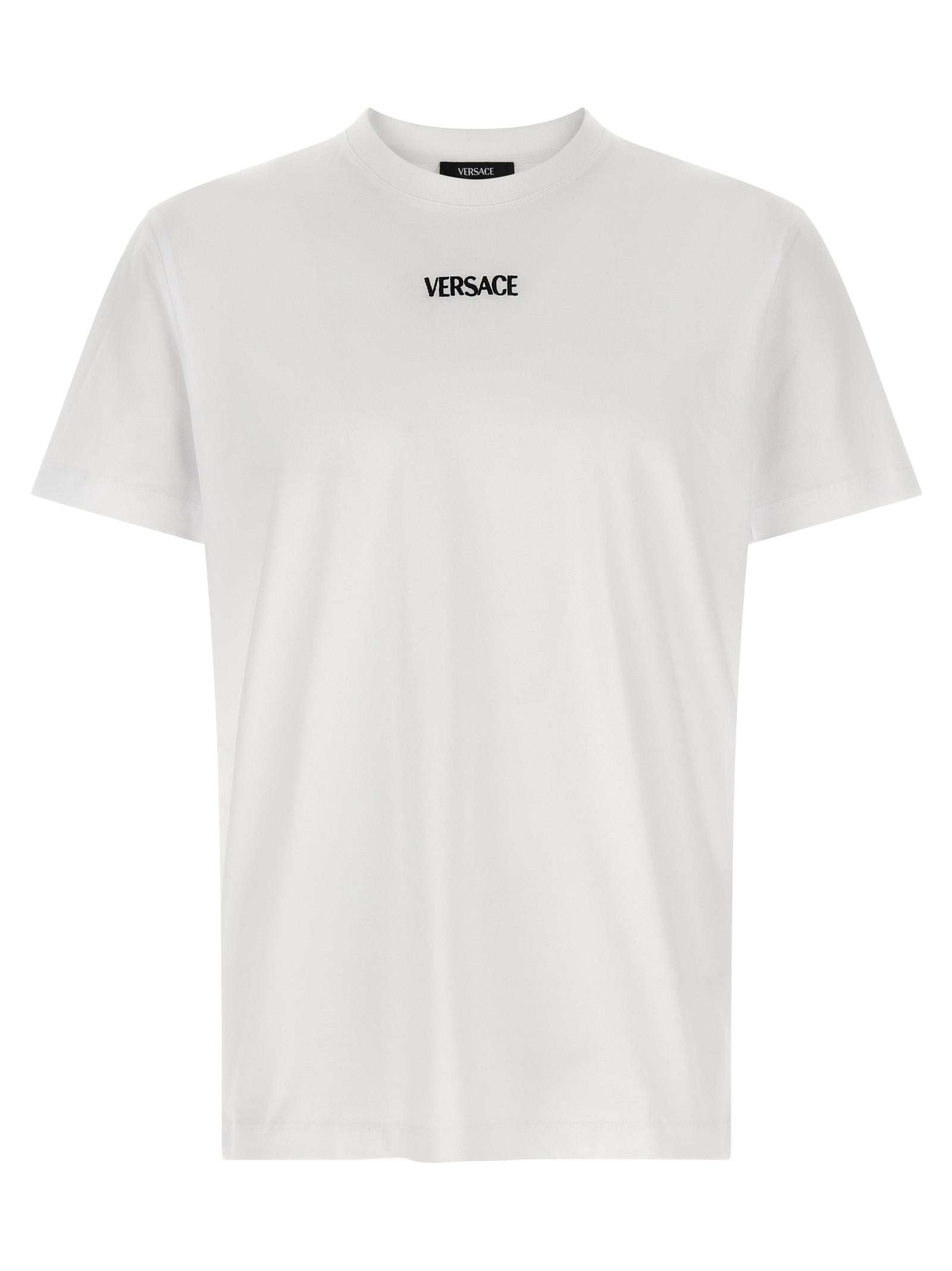 T-shirt blanc en coton de la marque Versace, coupe classique et logo emblématique visible sur le devant.