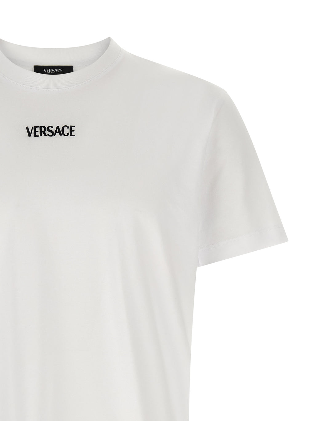 T-shirt blanc en coton de la marque Versace, coupe classique et logo visible sur le devant.