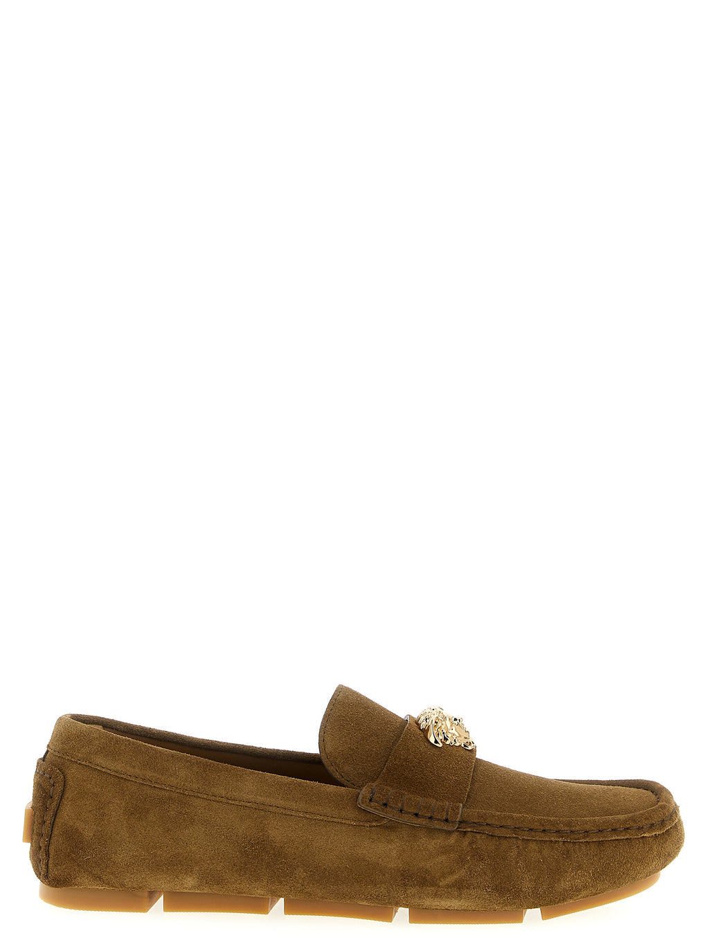 Mocassins slip-on en veau marron de Versace, style élégant et sophistiqué, vue de face avec détails en cuir.