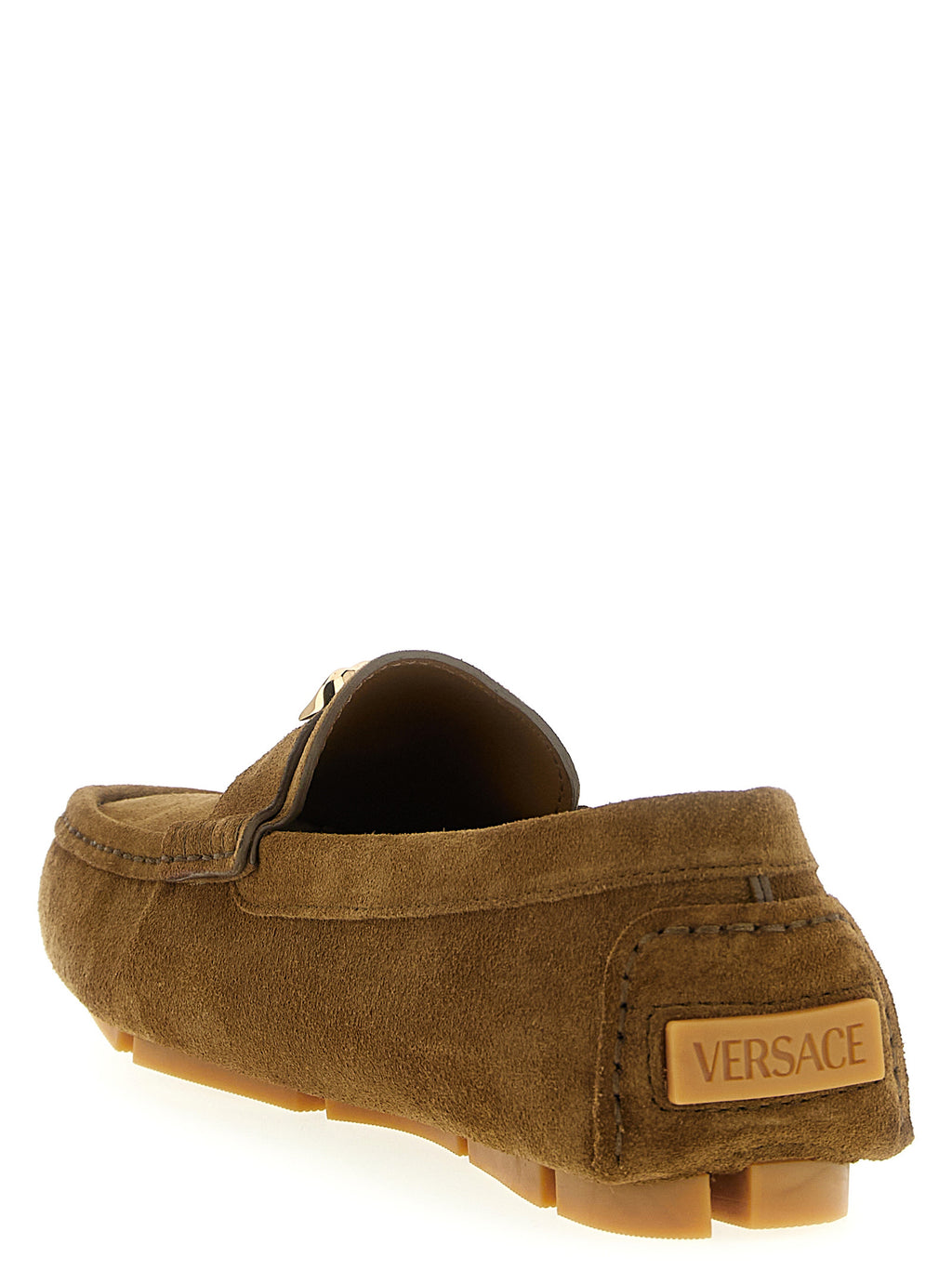 Mocassins slip-on en veau marron de Versace, élégants et confortables, avec finition sophistiquée en cuir.