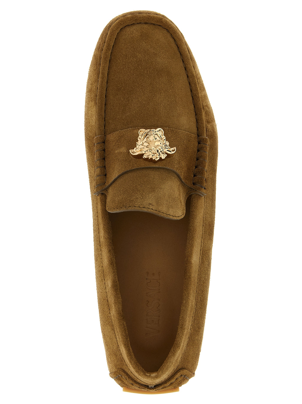 Mocassins slip-on en cuir de veau marron Versace, chaussons élégants pour homme avec finition de qualité.