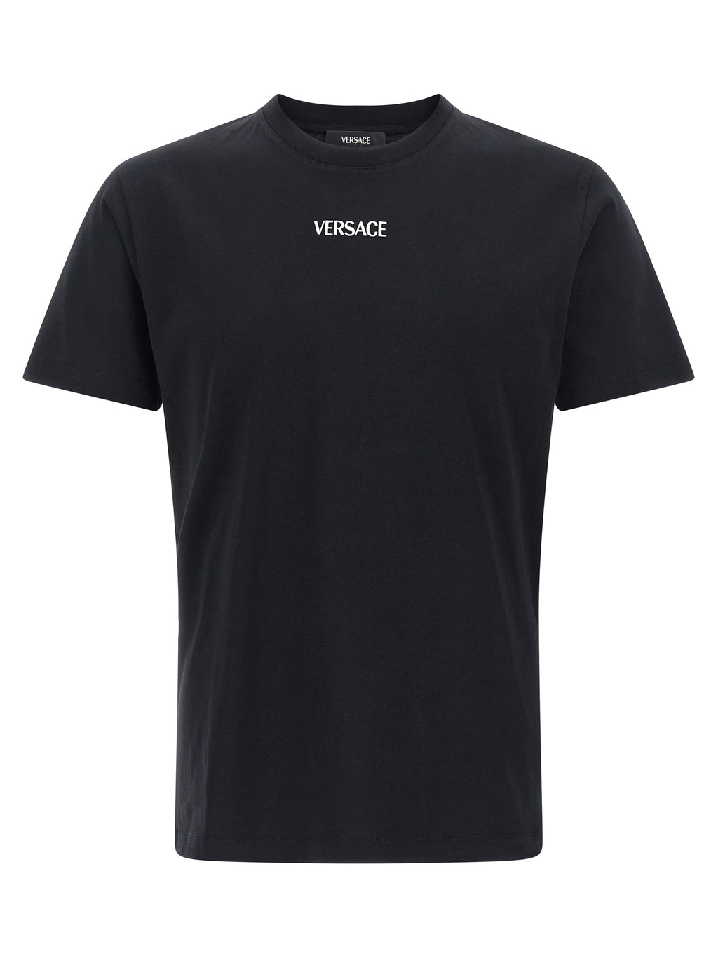 T-shirt noir en coton de la marque Versace, avec logo emblématique visible sur le devant.