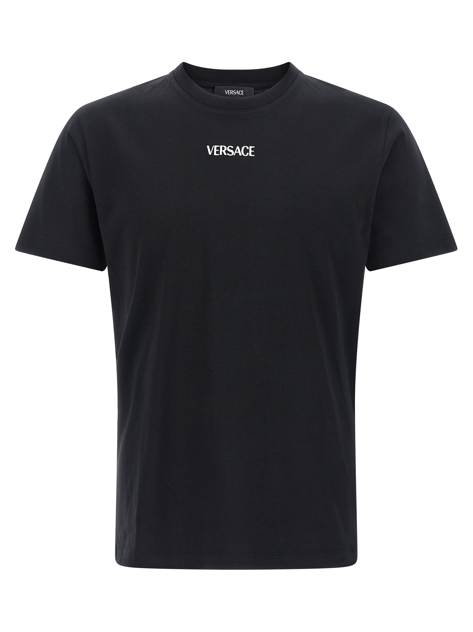 T-shirt noir en coton de la marque Versace, avec logo emblématique visible sur le devant.