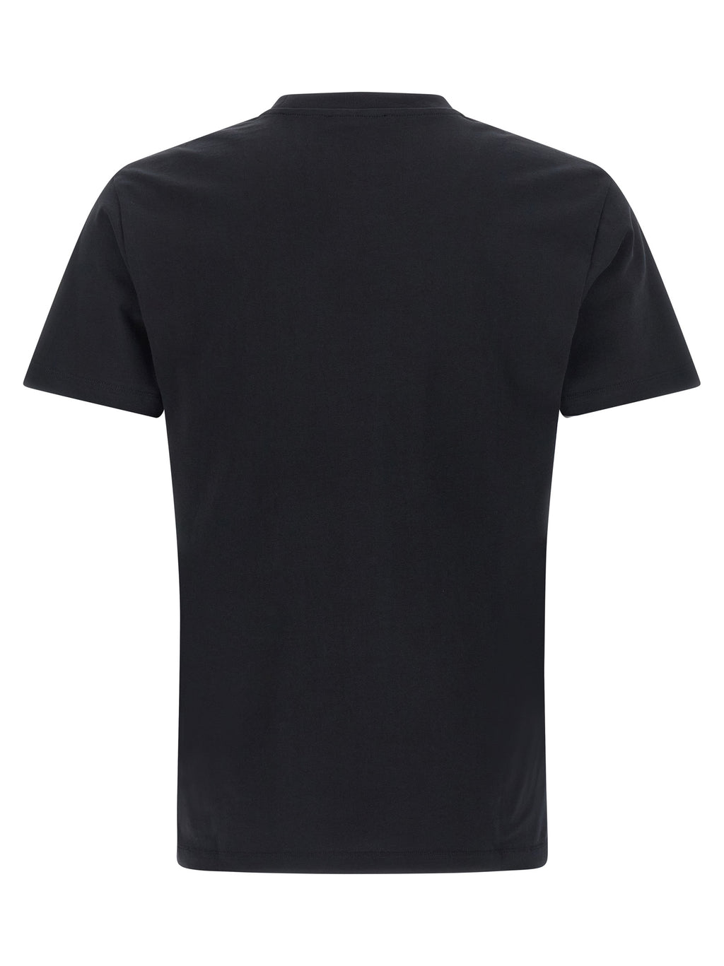 T-shirt en coton noir de Versace avec logo distinctif, porté sur mannequin, vue de face.