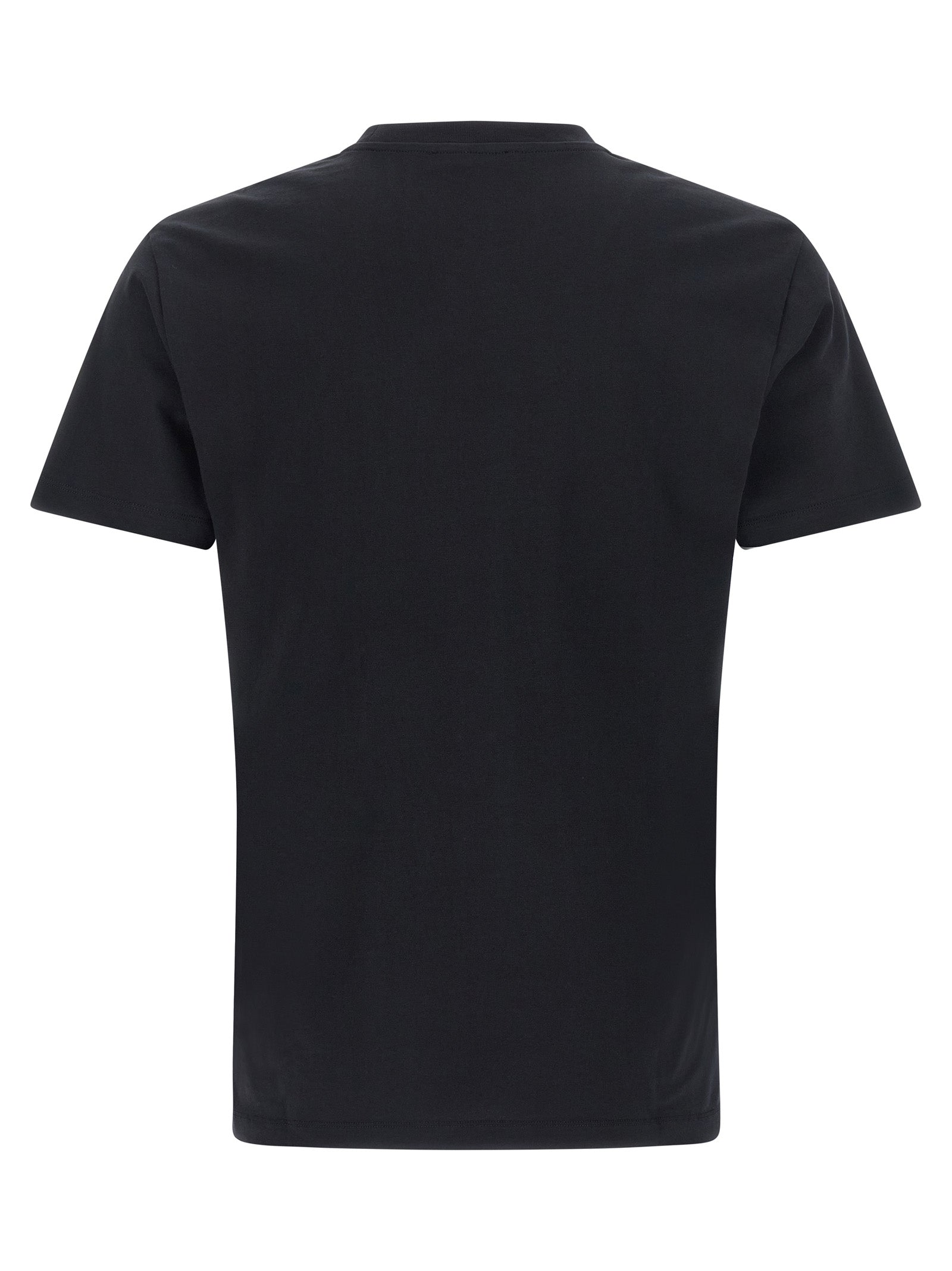 T-shirt en coton noir de Versace avec logo distinctif, porté sur mannequin, vue de face.