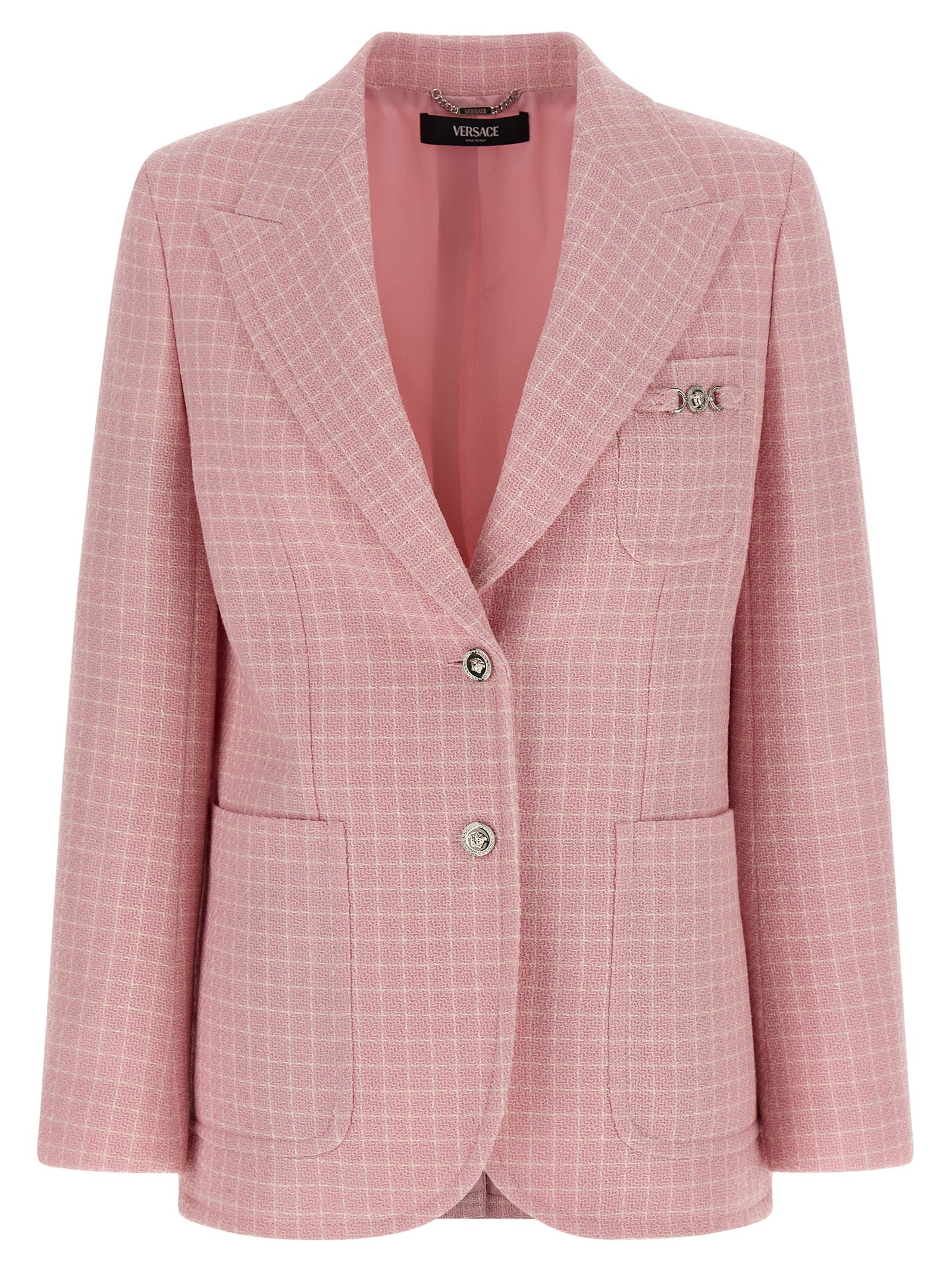 Blazer en laine vierge multicolore de Versace, coupe élégante, détails sophistiqués, porté sur un mannequin.