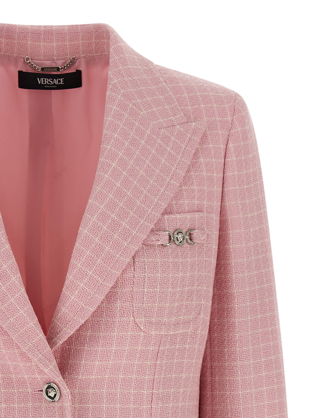 Blazer en laine vierge multicolore de Versace avec motif élégant, porté sur un mannequin, vue de face.