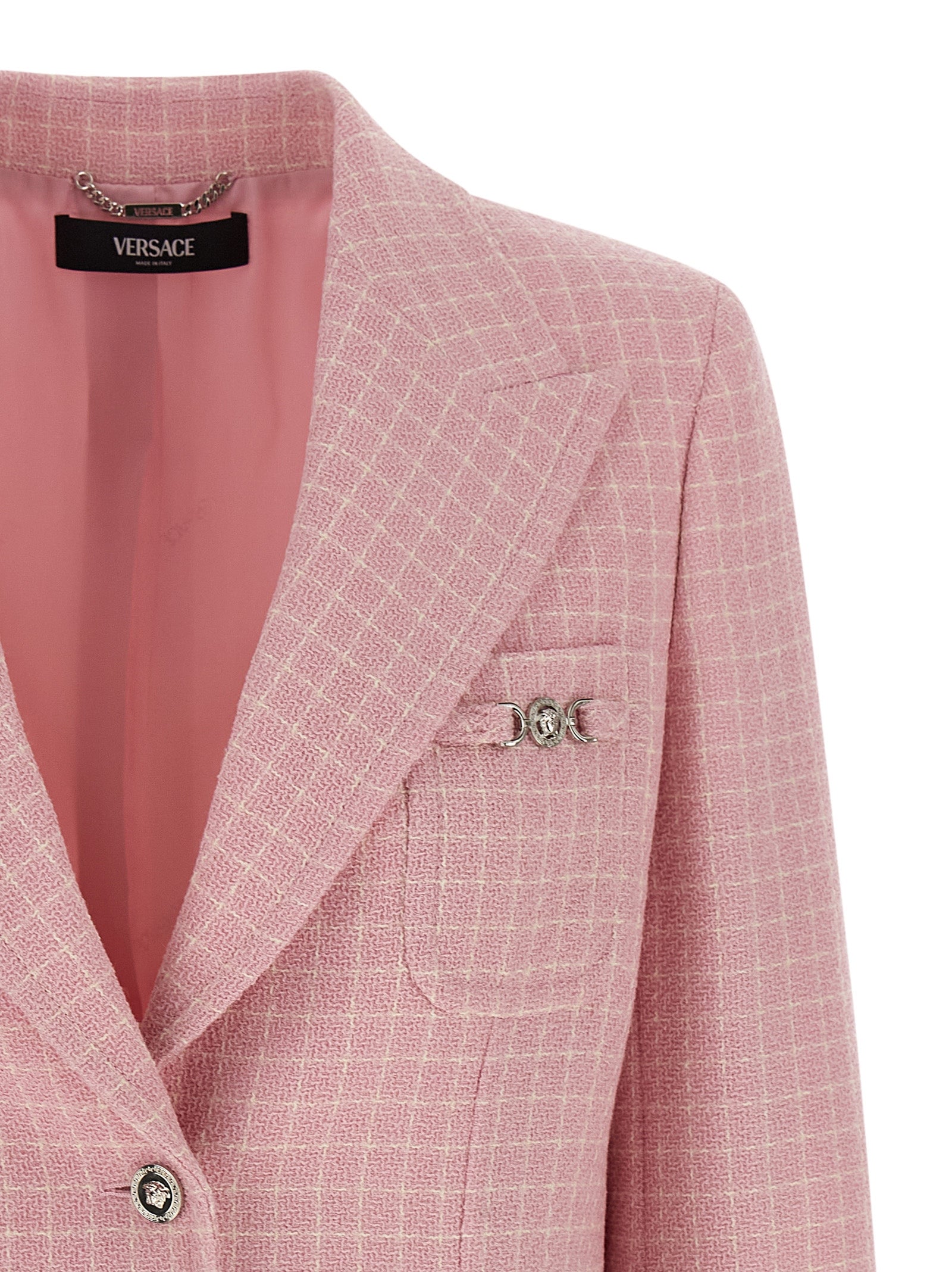 Blazer en laine vierge multicolore de Versace avec motif élégant, porté sur un mannequin, vue de face.