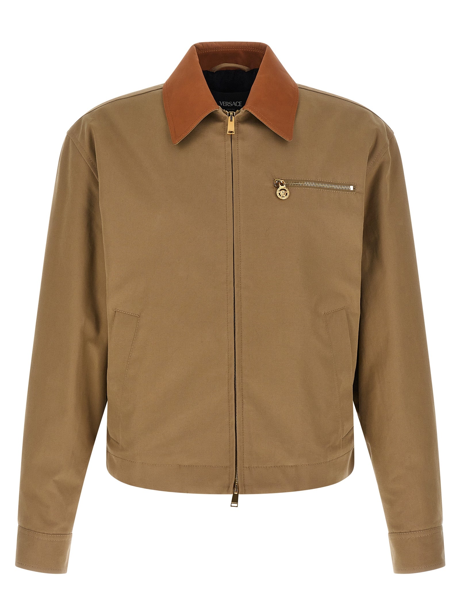 Veste en coton beige Versace pour femme, coupe classique et détails élégants, visible sur l'image.