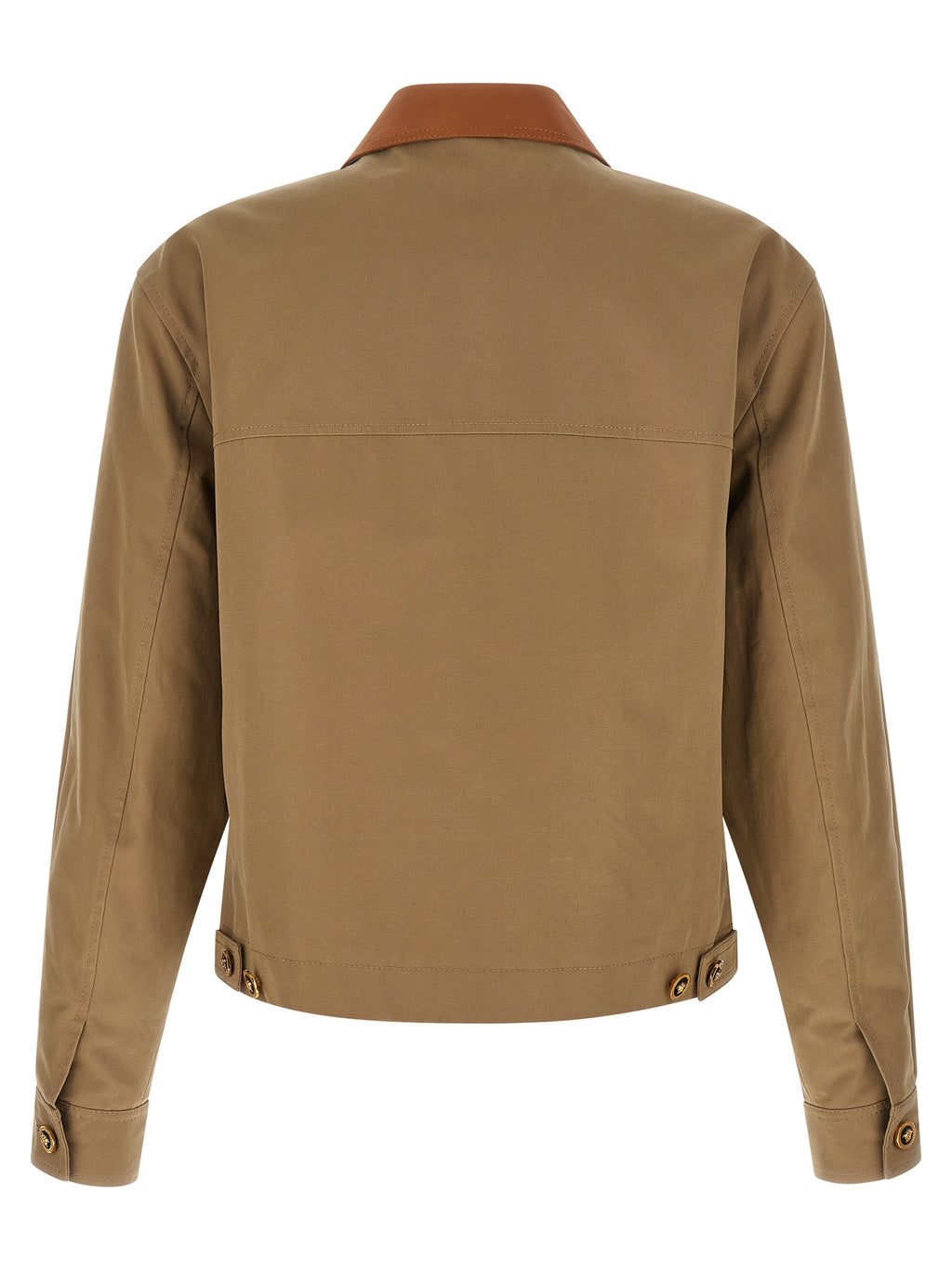 Veste en coton beige Versace, style élégant, avec logo emblématique, portée sur un mannequin.