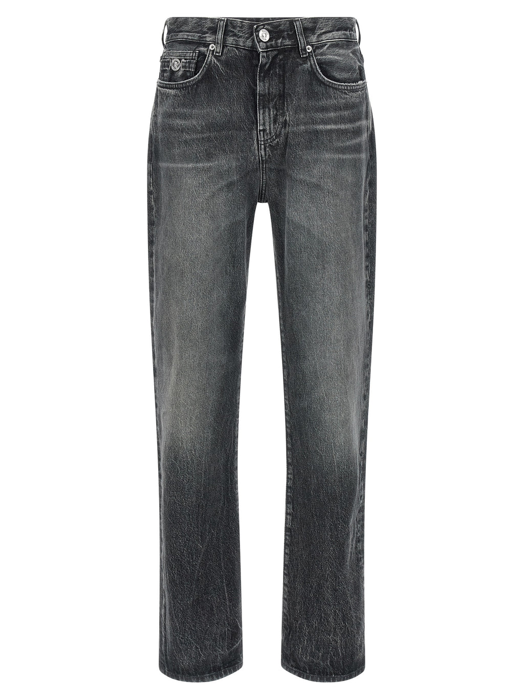 Jeans droits gris en coton de la marque Versace, détail du design et de la coupe, visible en image.