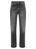 Jeans droits gris en coton de la marque Versace, détail du design et de la coupe, visible en image.