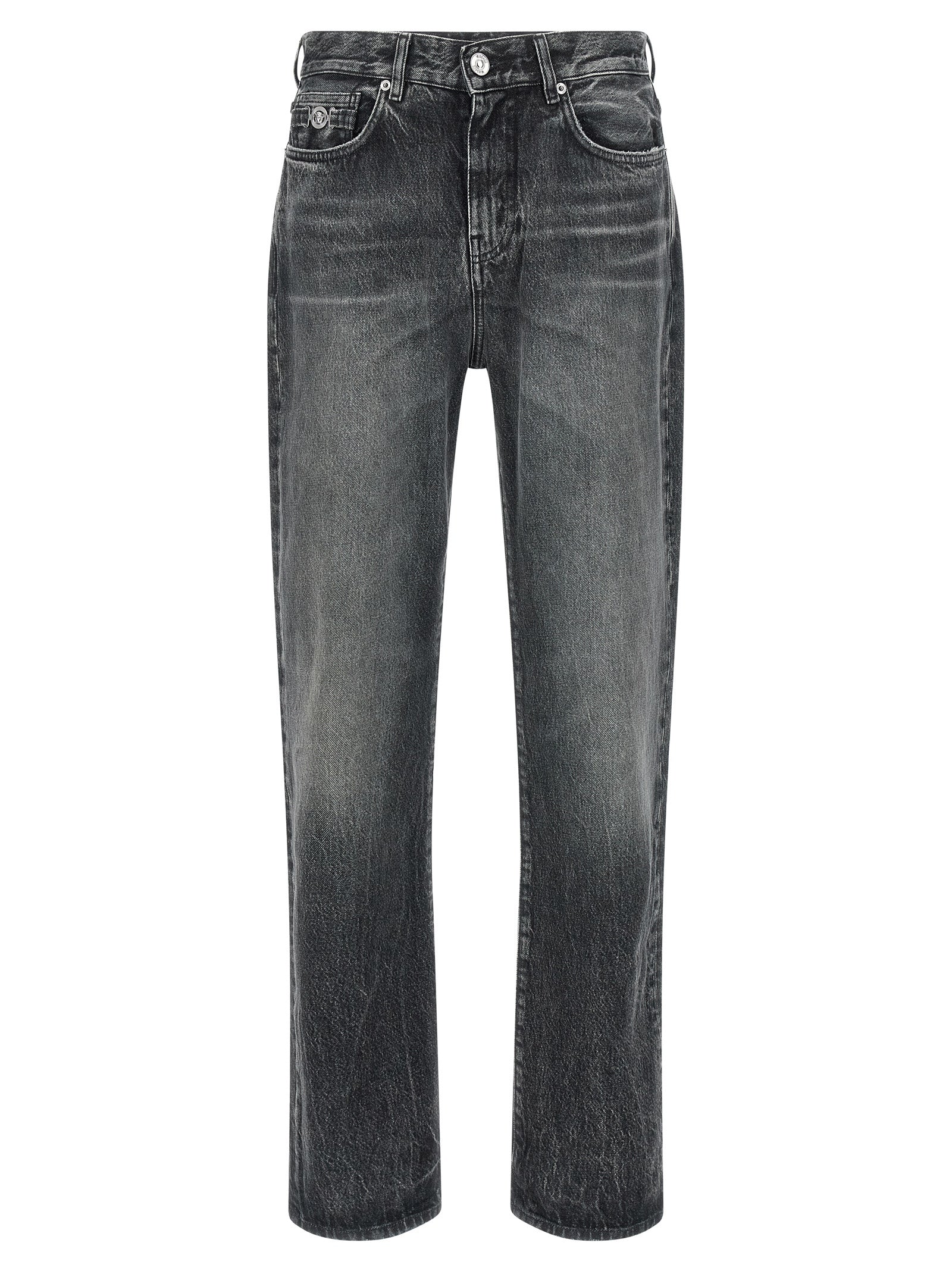 Jeans droits gris en coton de la marque Versace, détail du design et de la coupe, visible en image.