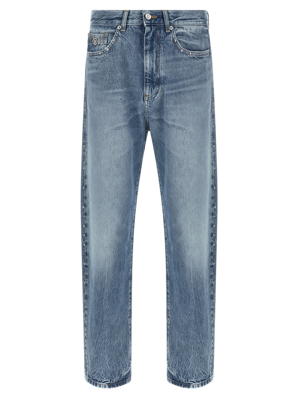 Jeans straight-leg en coton bleu de la marque Versace, coupe classique et détails élégants visibles sur l'image.