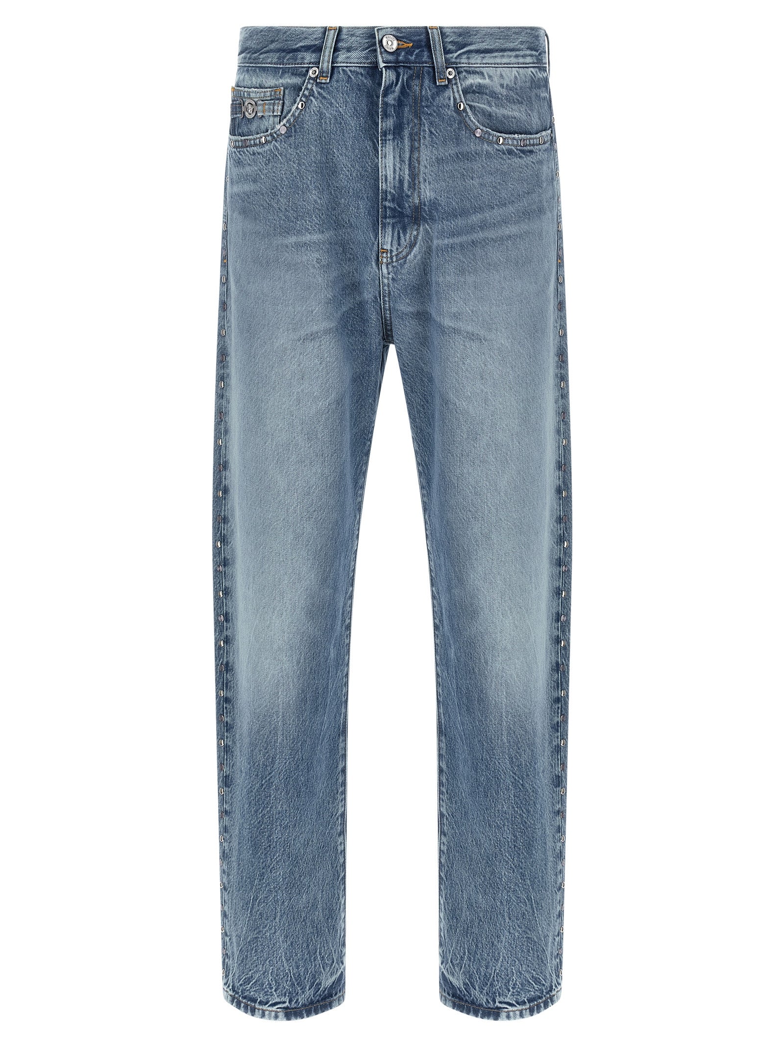 Jeans straight-leg en coton bleu de la marque Versace, coupe classique et détails élégants visibles sur l'image.
