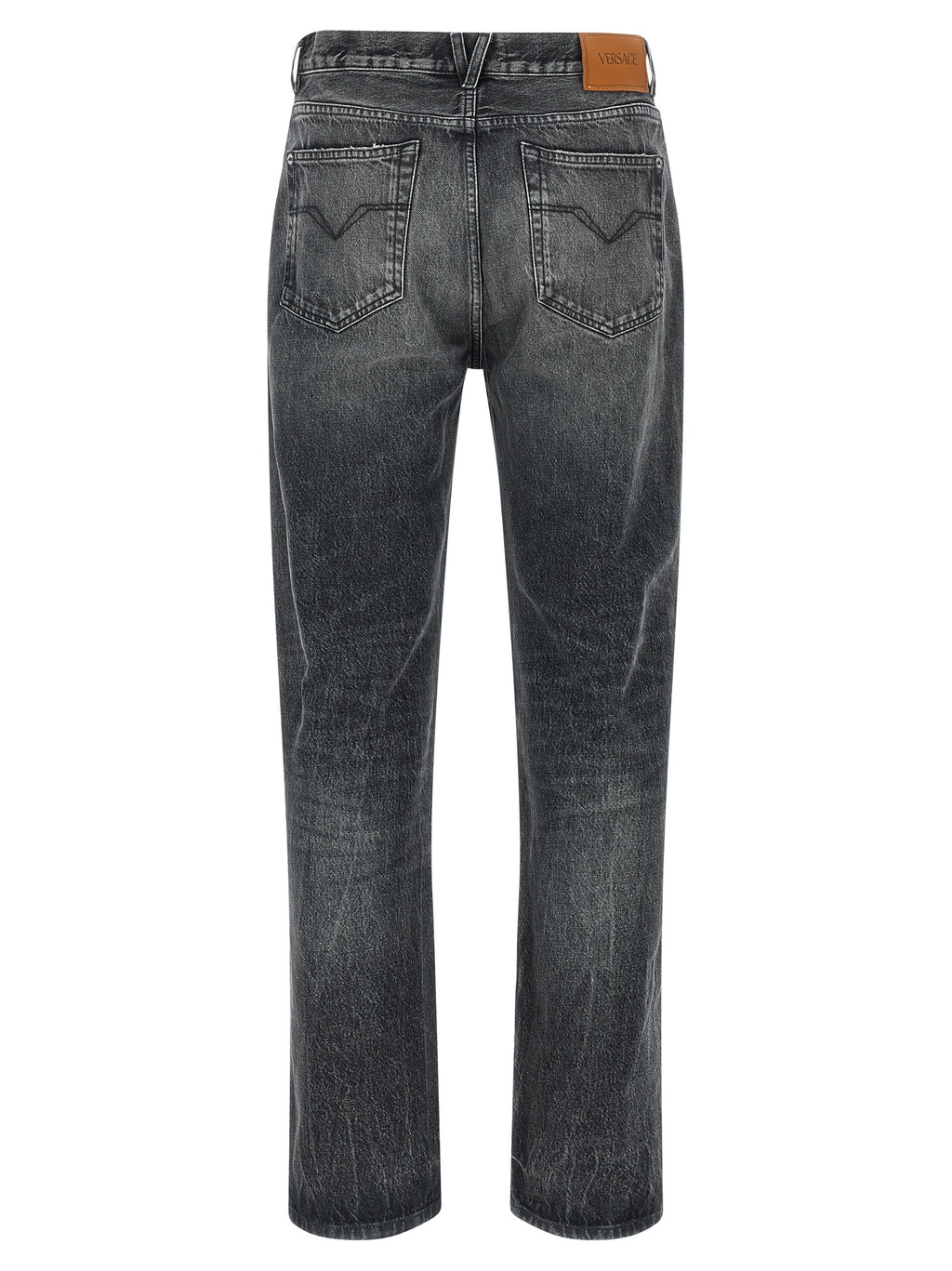 Jeans droits gris en coton de la marque Versace, vue de face, avec détails de couture visibles.