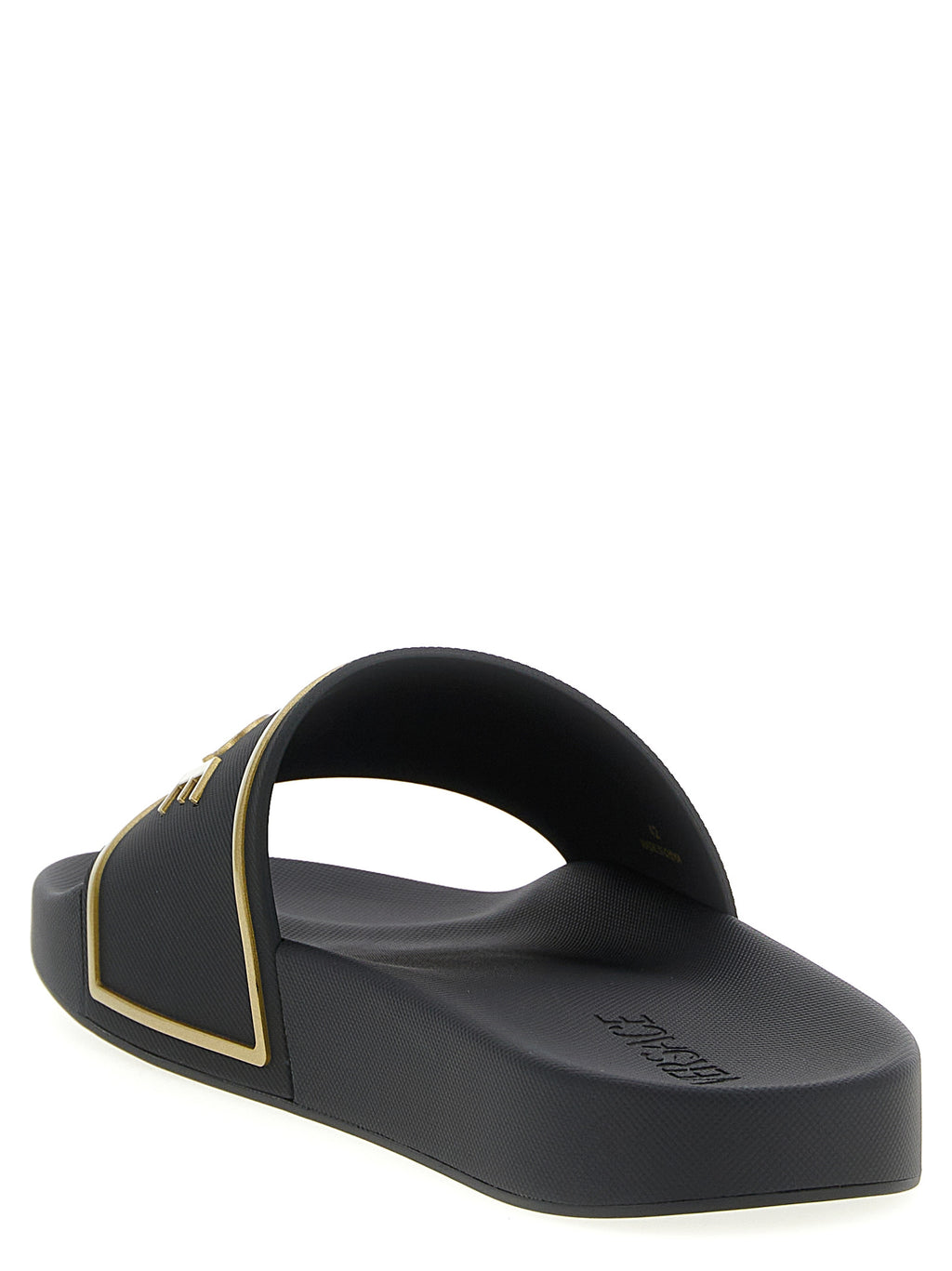 Sandales en polyuréthane noires Versace avec logo emblématique, confortables et élégantes pour un style sophistiqué.