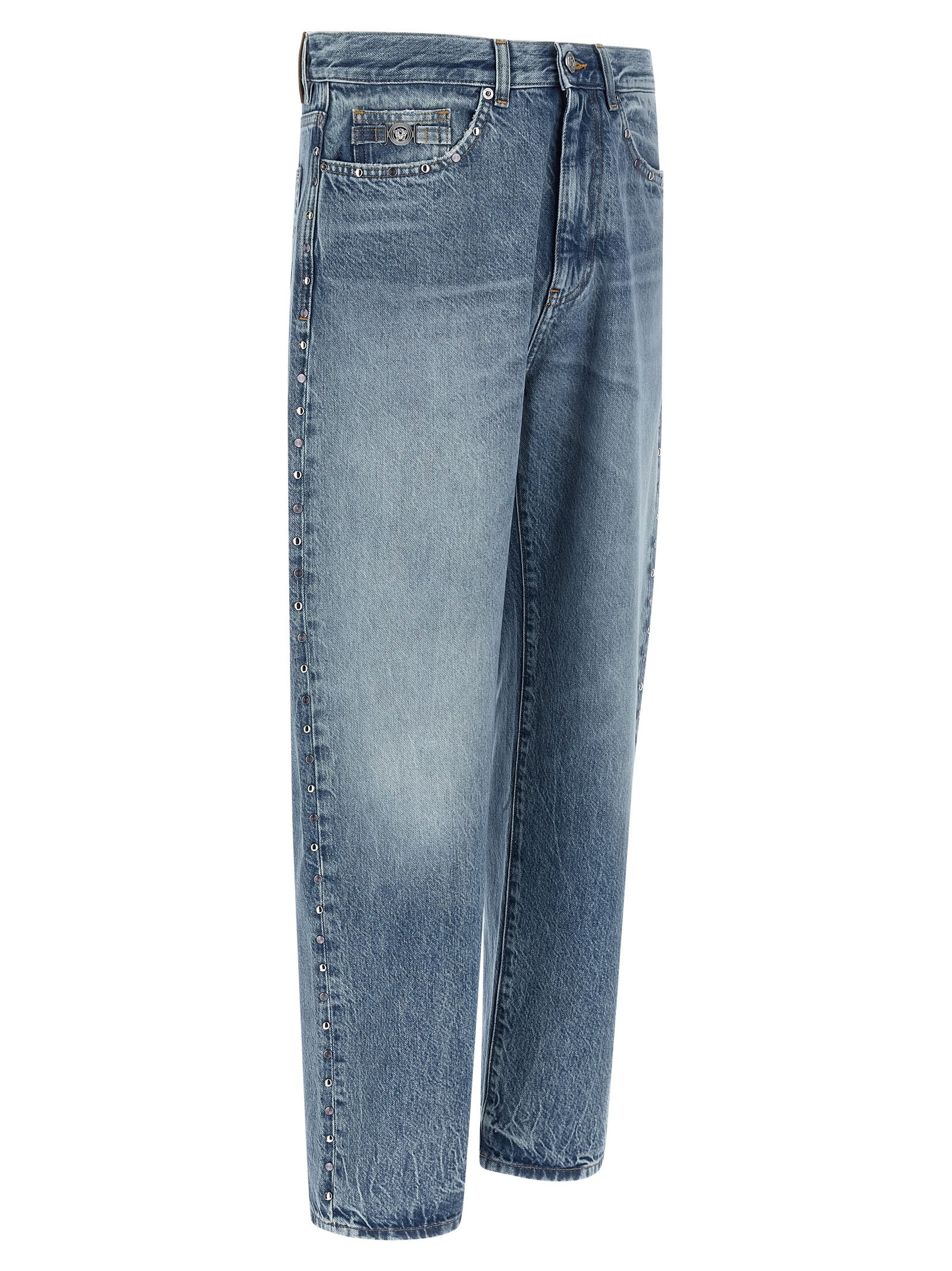 Jeans droits en coton bleu de la marque Versace, style classique et moderne, visibles avec détails et coupe nette.