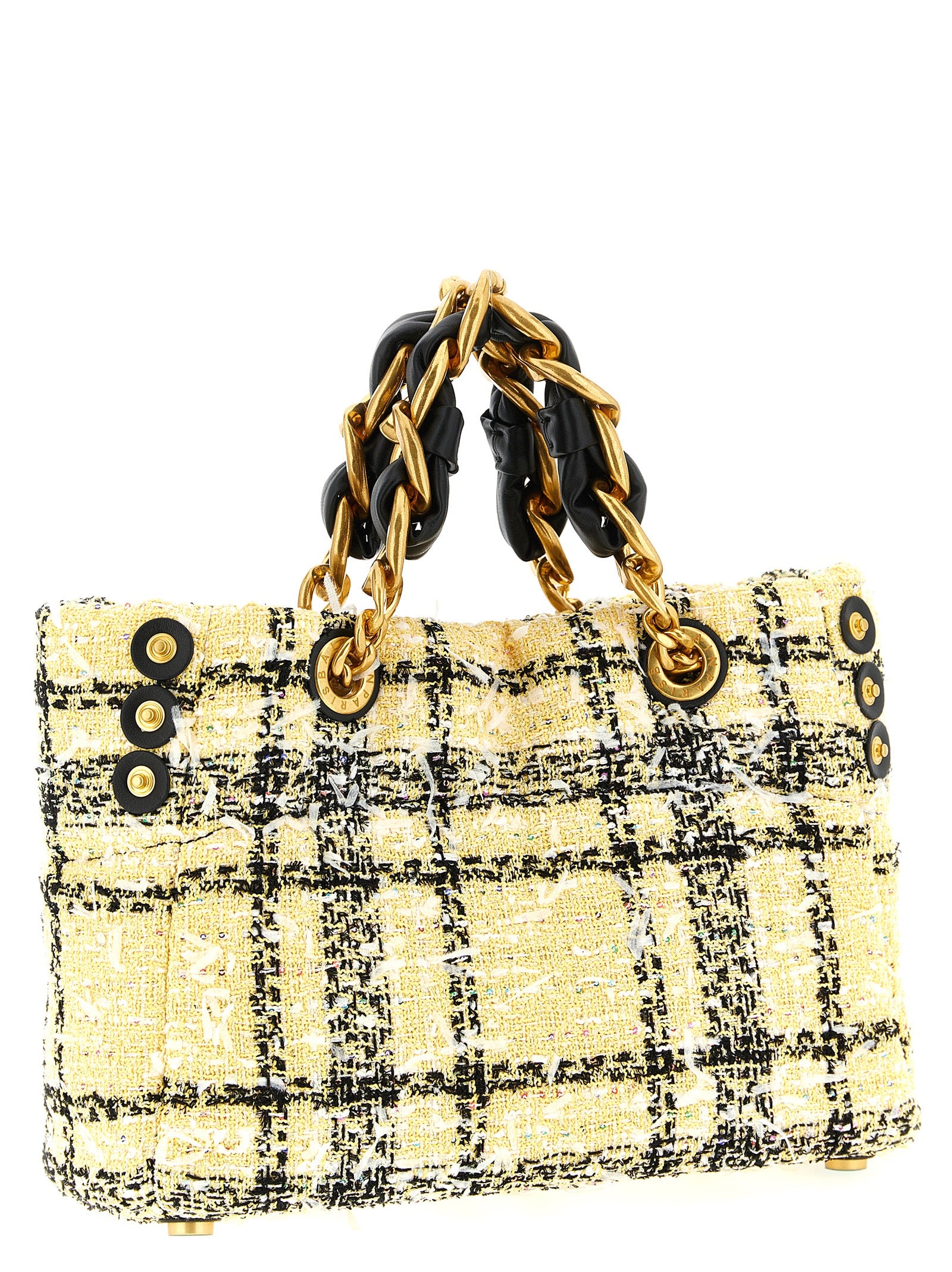 Sac fourre-tout en polyester multicolore de Balmain, avec logo emblématique et design tendance, visible en gros plan.