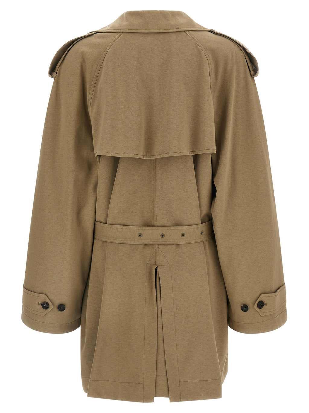 Manteau beige en coton de Balenciaga, veste élégante avec coupe moderne, visible avec col et boutons.