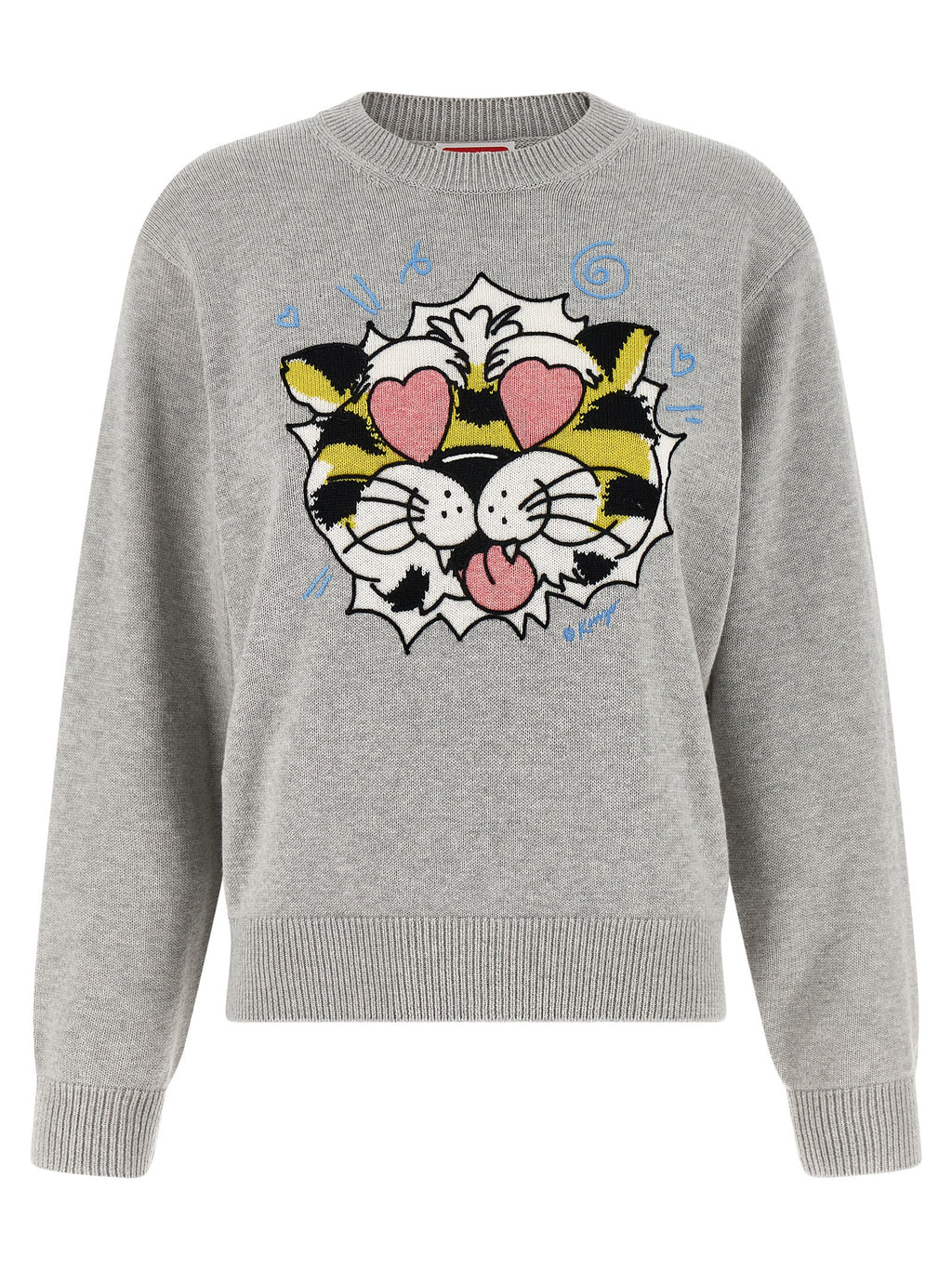 Cardigan en laine gris de la marque Kenzo, doux et élégant, porté sur un mannequin avec détails de texture visible.