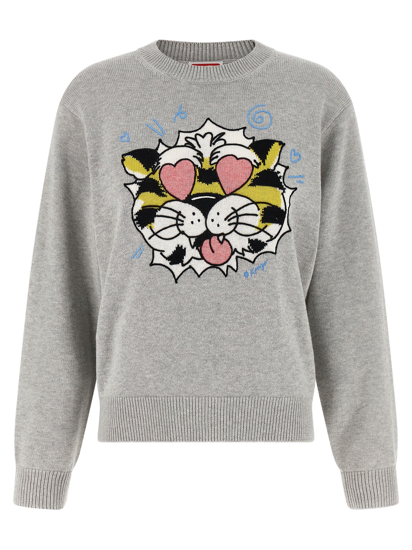 Cardigan en laine gris de la marque Kenzo, doux et élégant, porté sur un mannequin avec détails de texture visible.