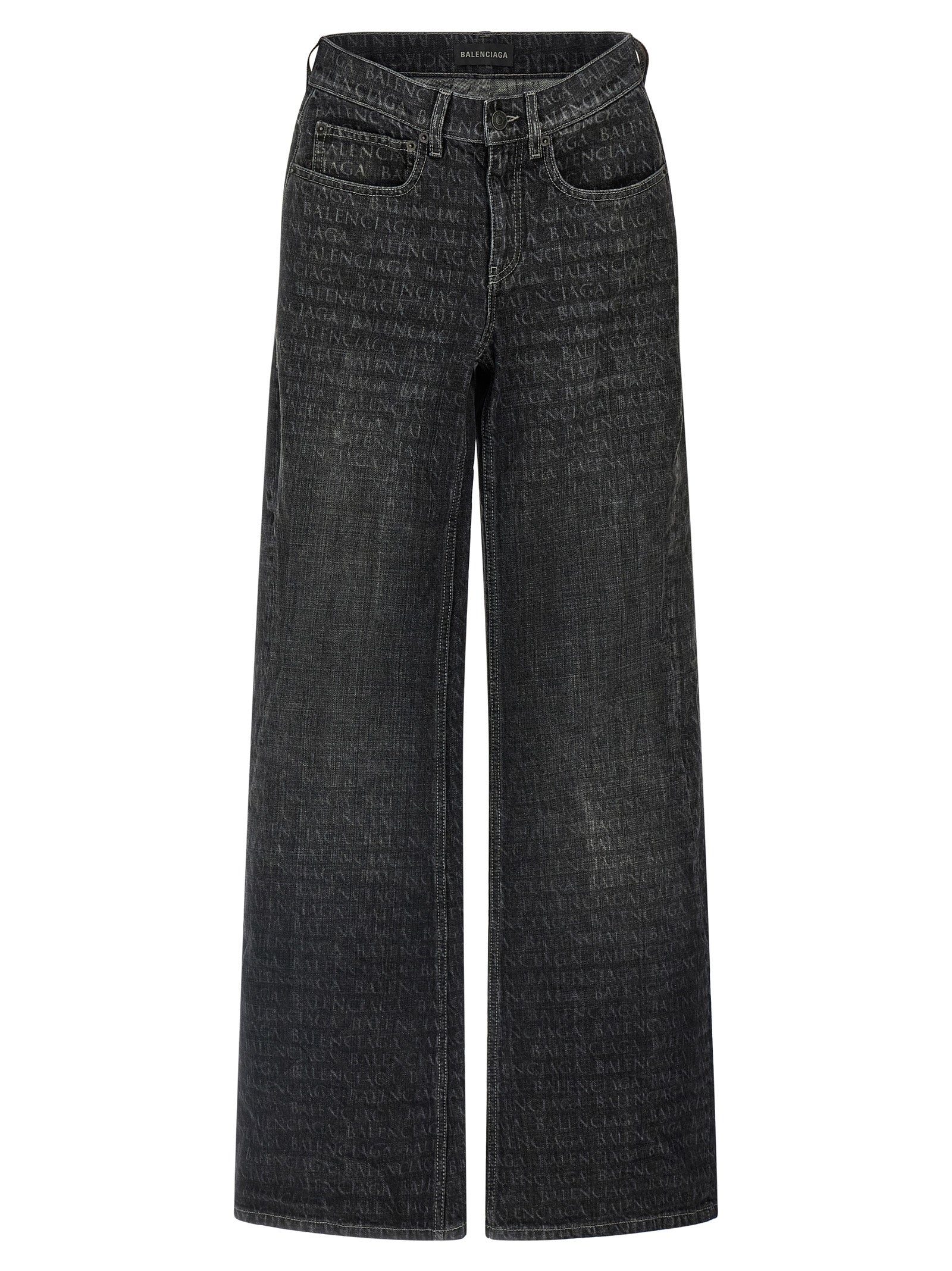 Jeans évasés en coton noir de Balenciaga, style décontracté avec coupe flare, visibles en image.