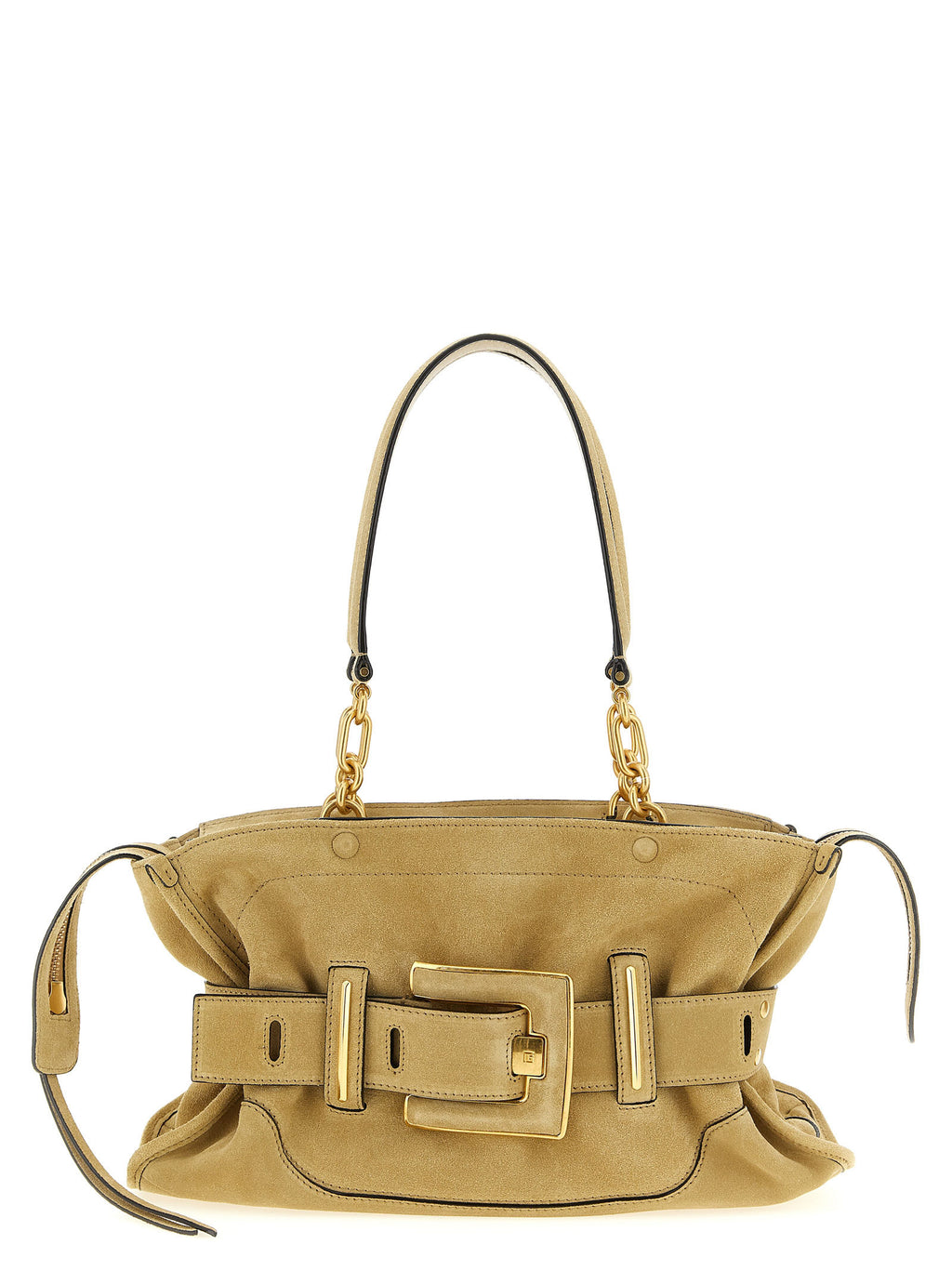 Balmain Beigefarbene Schultertasche aus Kalbsleder