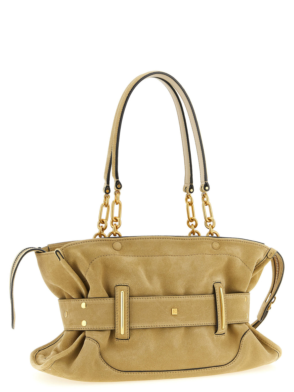 Balmain Beigefarbene Schultertasche aus Kalbsleder