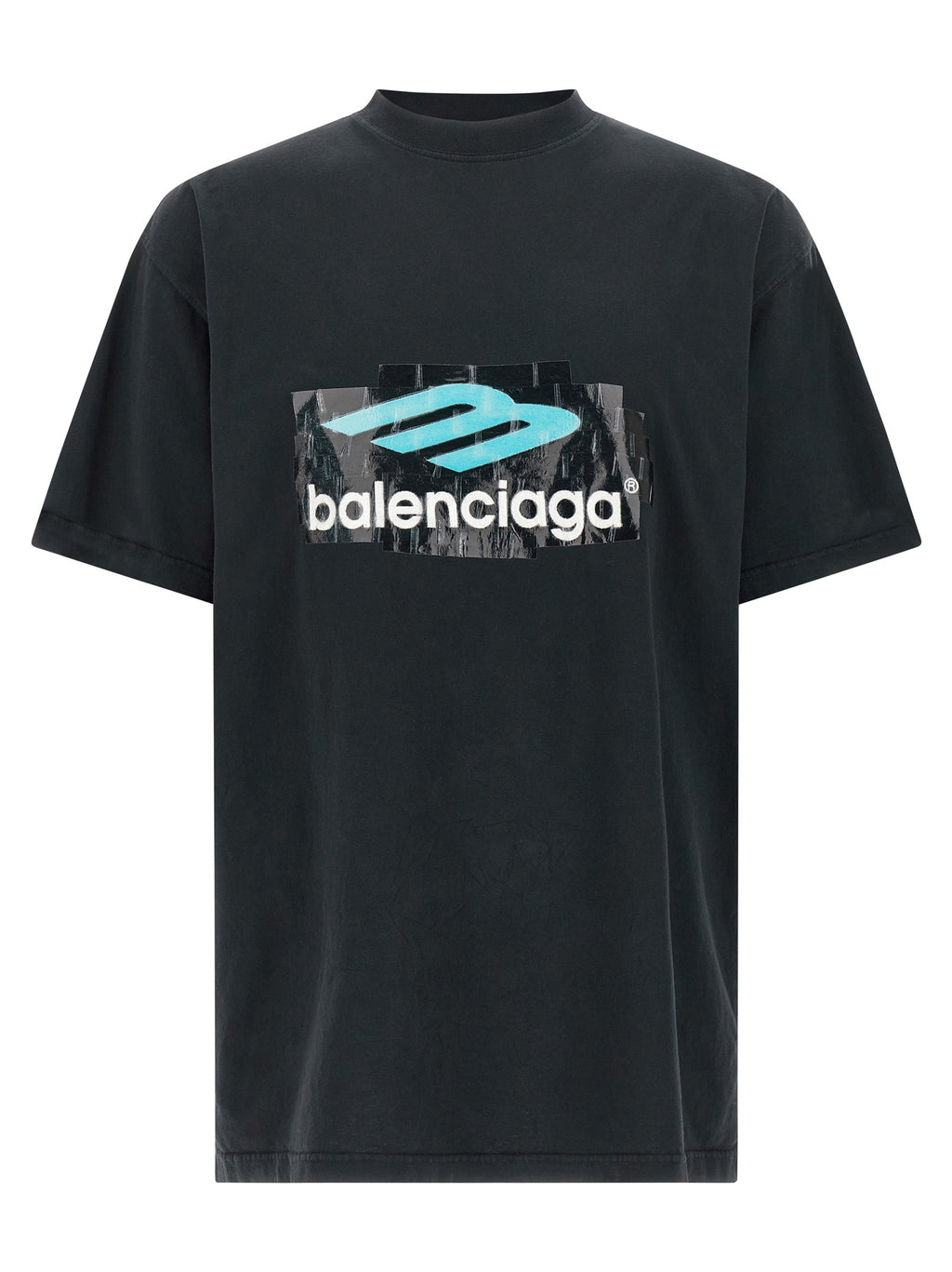 T-shirt noir en coton de Balenciaga, coupe classique avec logo discret, porté sur un mannequin.