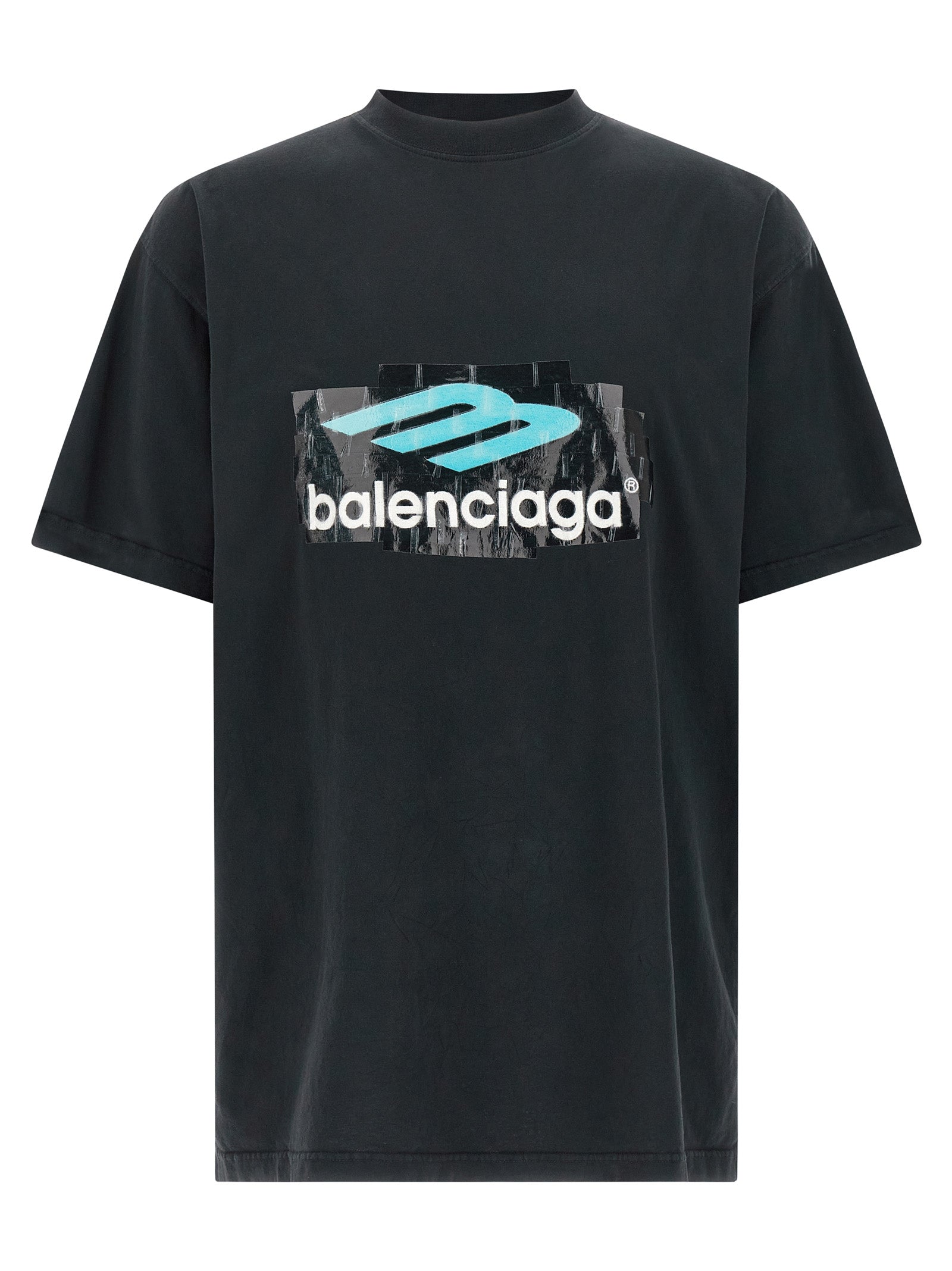 T-shirt noir en coton de Balenciaga, coupe classique avec logo discret, porté sur un mannequin.