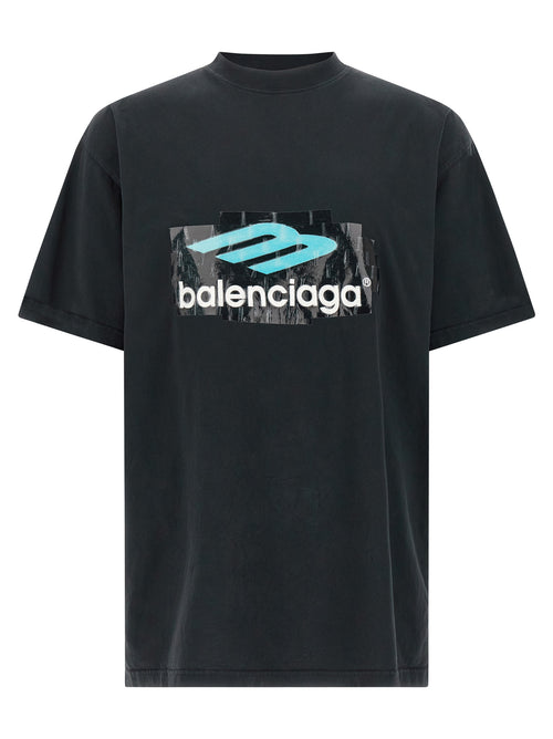 T-shirt noir en coton de Balenciaga, coupe classique avec logo discret, porté sur un mannequin.