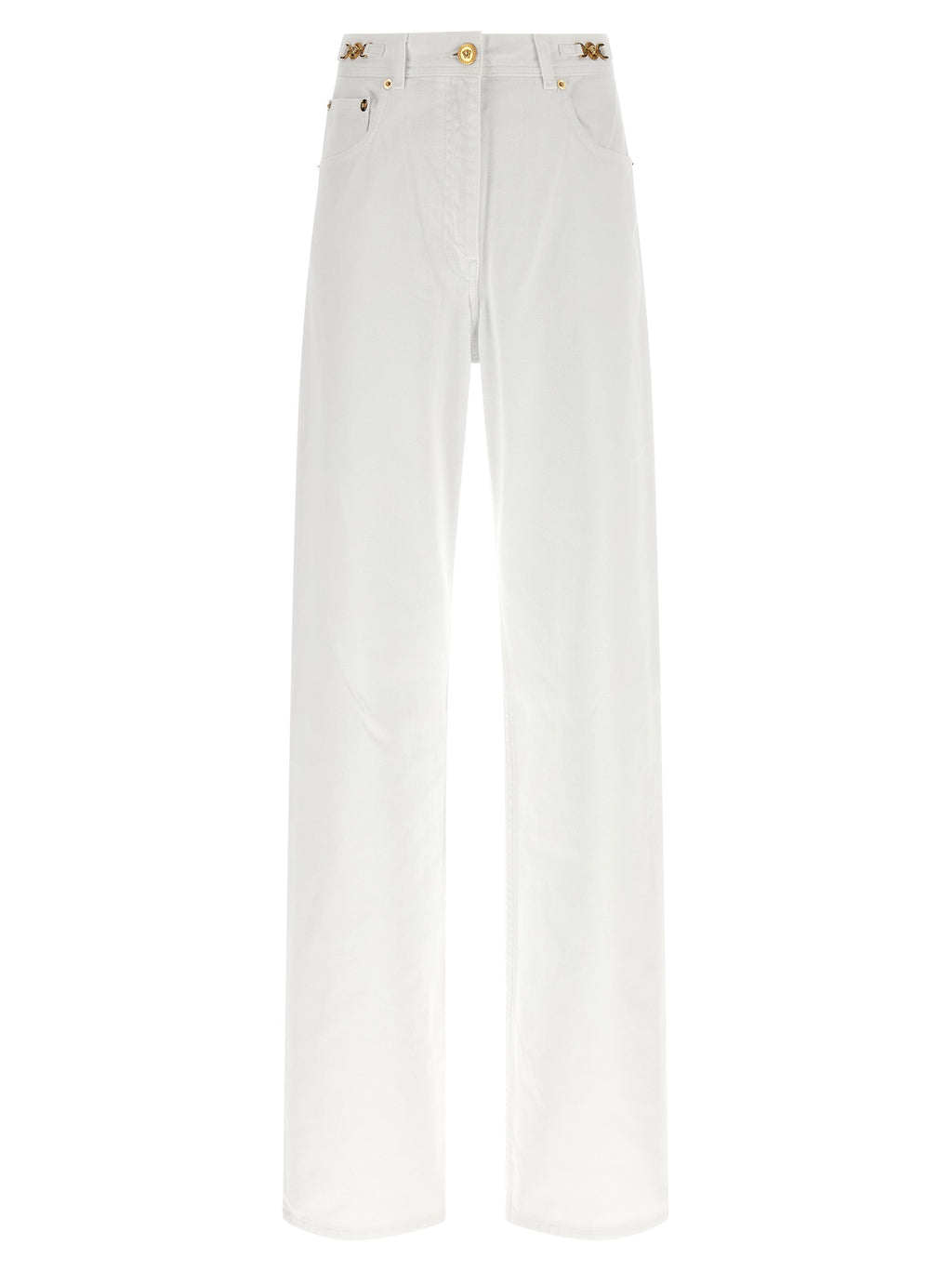 Jeans droits en coton blanc de la marque Versace, style classique et élégant pour homme ou femme.
