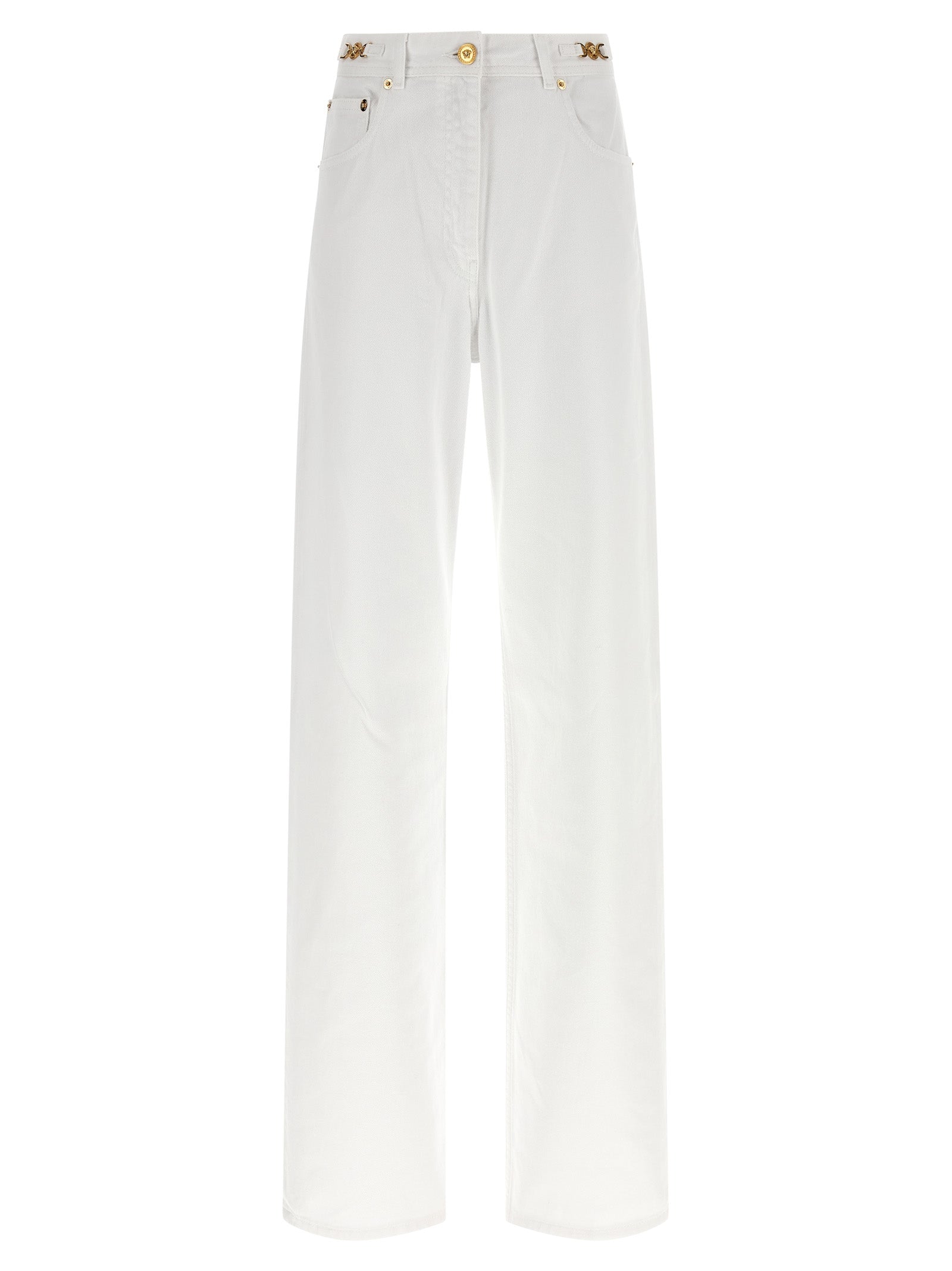Jeans droits en coton blanc de la marque Versace, style classique et élégant pour homme ou femme.